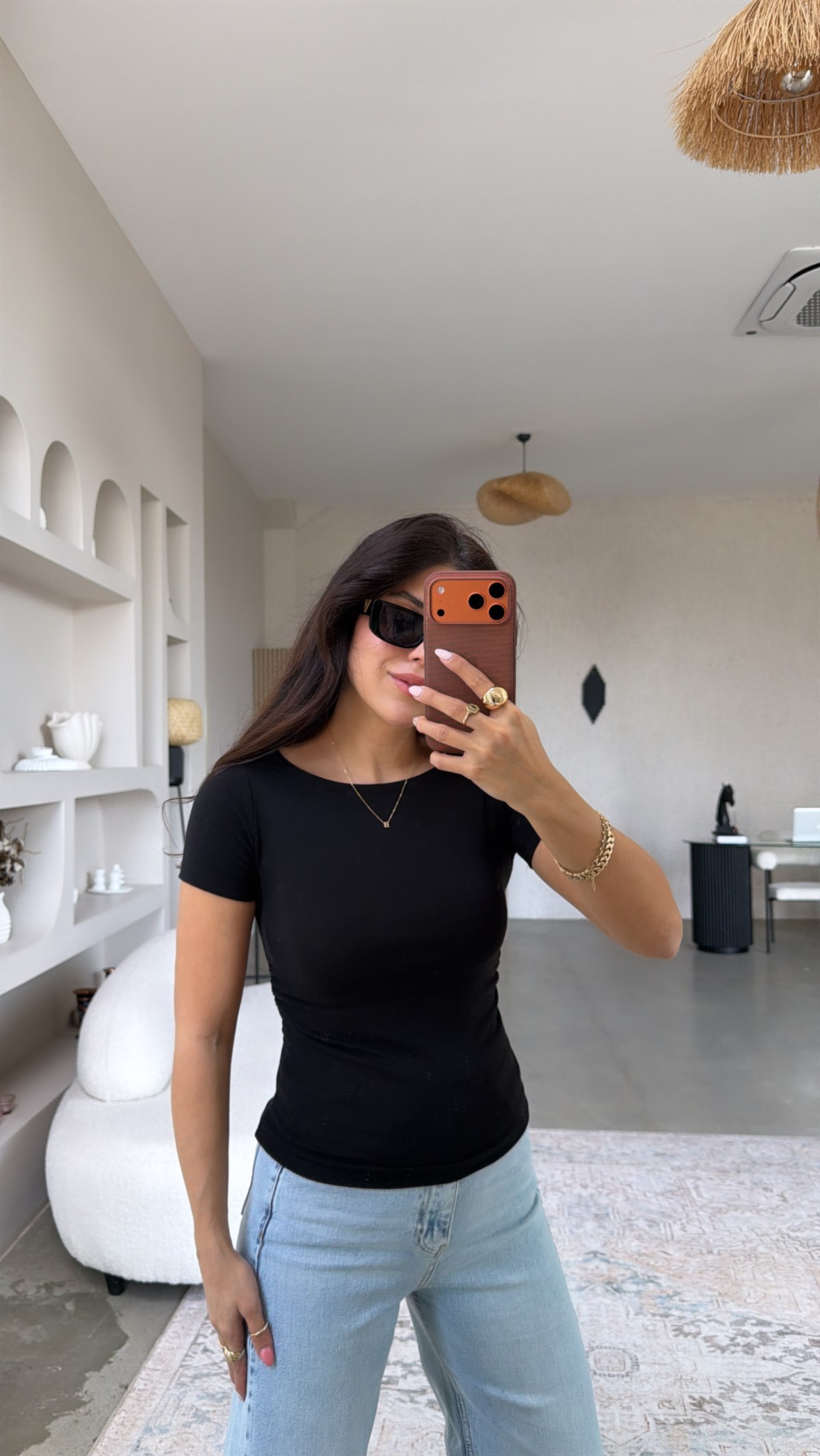 Siyah Yanı Büzgülü Pamuklu Kısa Kol Basic