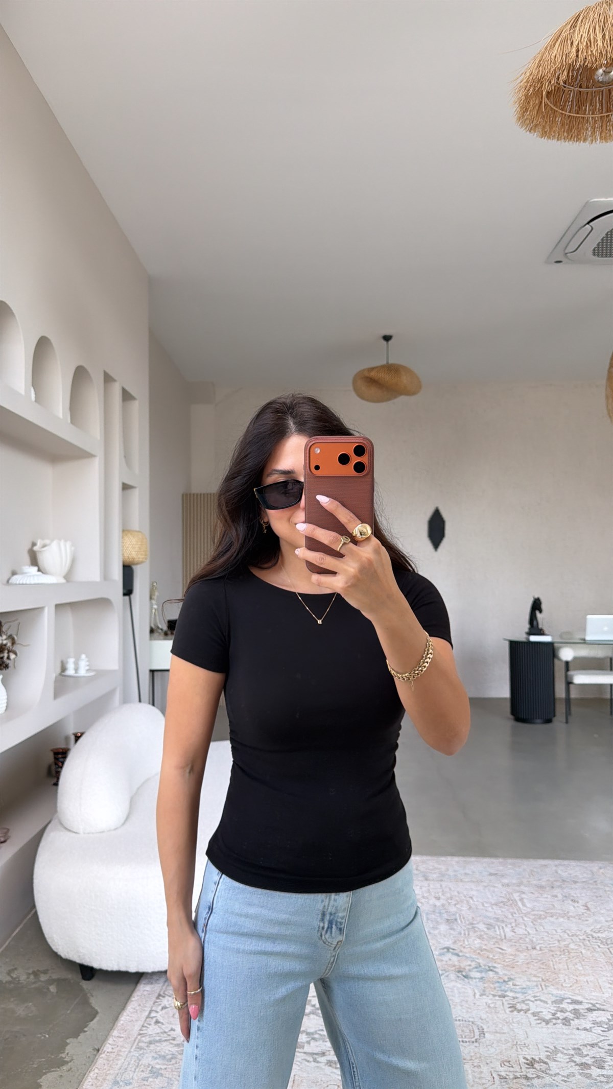 Siyah Yanı Büzgülü Pamuklu Kısa Kol Basic