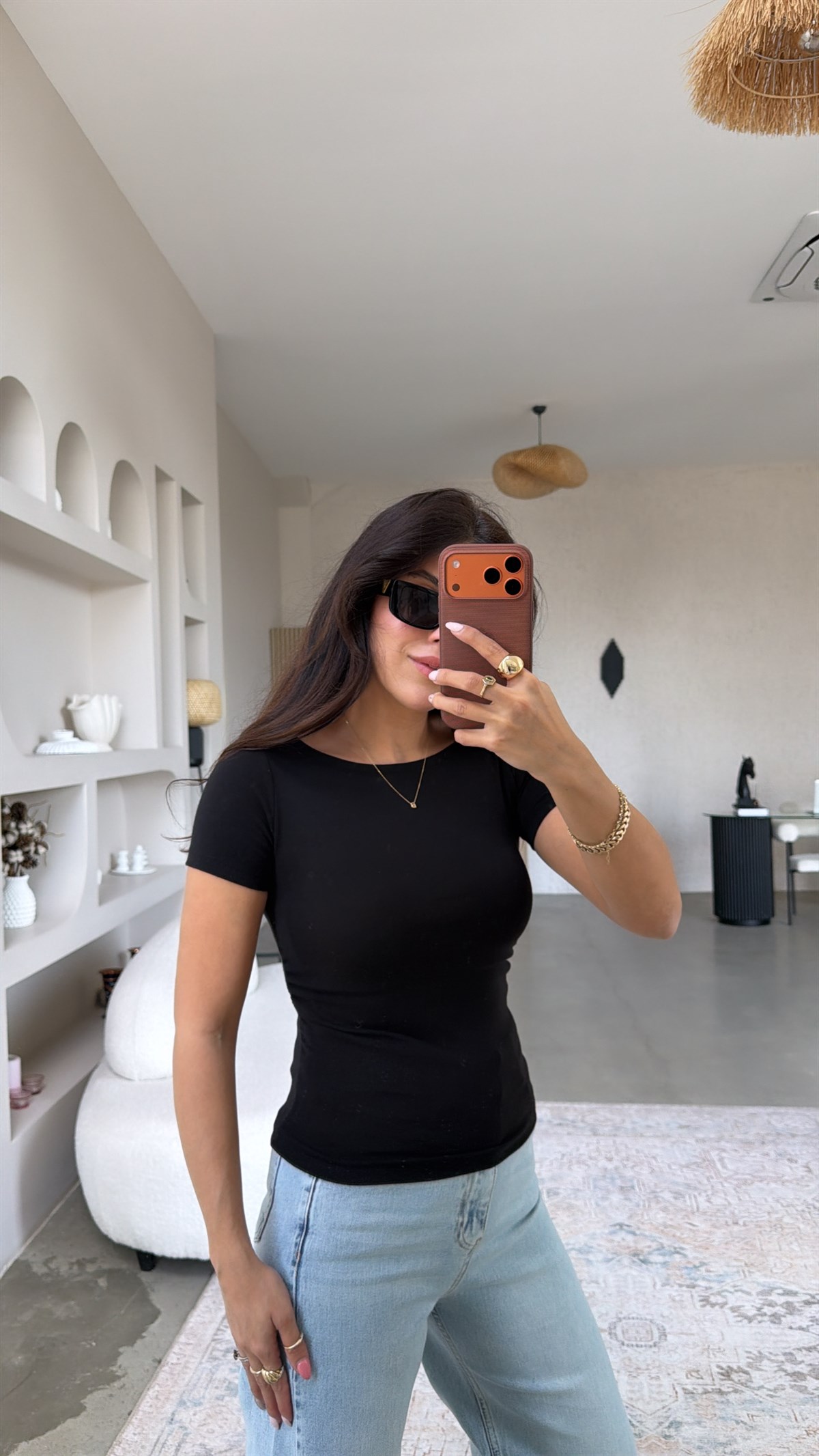 Siyah Yanı Büzgülü Pamuklu Kısa Kol Basic