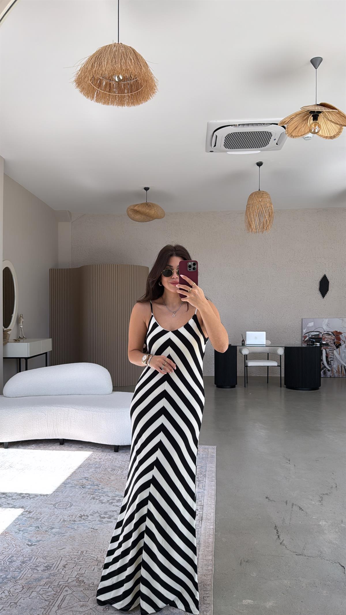 Siyah Şeritli Modal İp Askılı Elbise