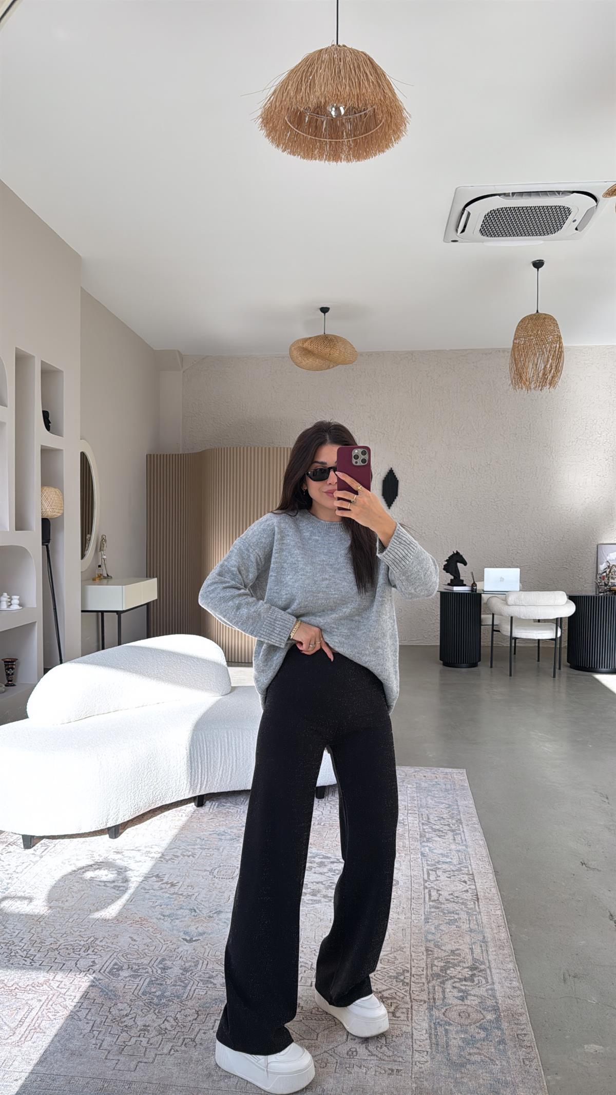 Siyah Simli İthal Kumaş Bol Paça Pantolon