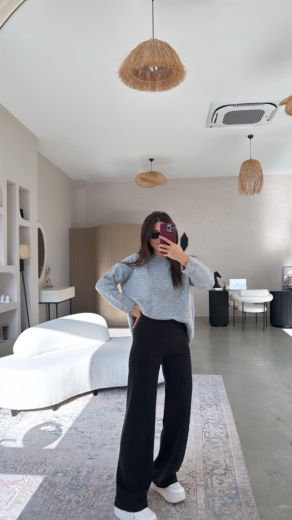 Siyah Simli İthal Kumaş Bol Paça Pantolon