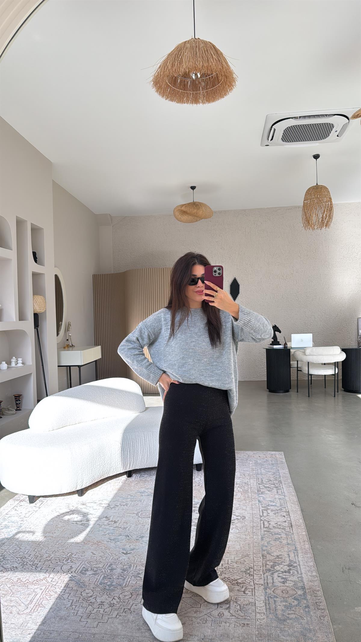 Siyah Simli İthal Kumaş Bol Paça Pantolon