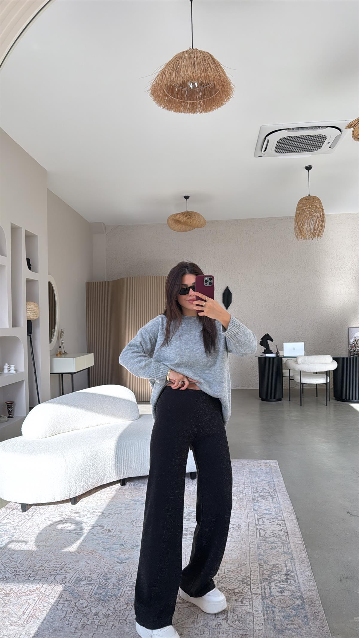 Siyah Simli İthal Kumaş Bol Paça Pantolon