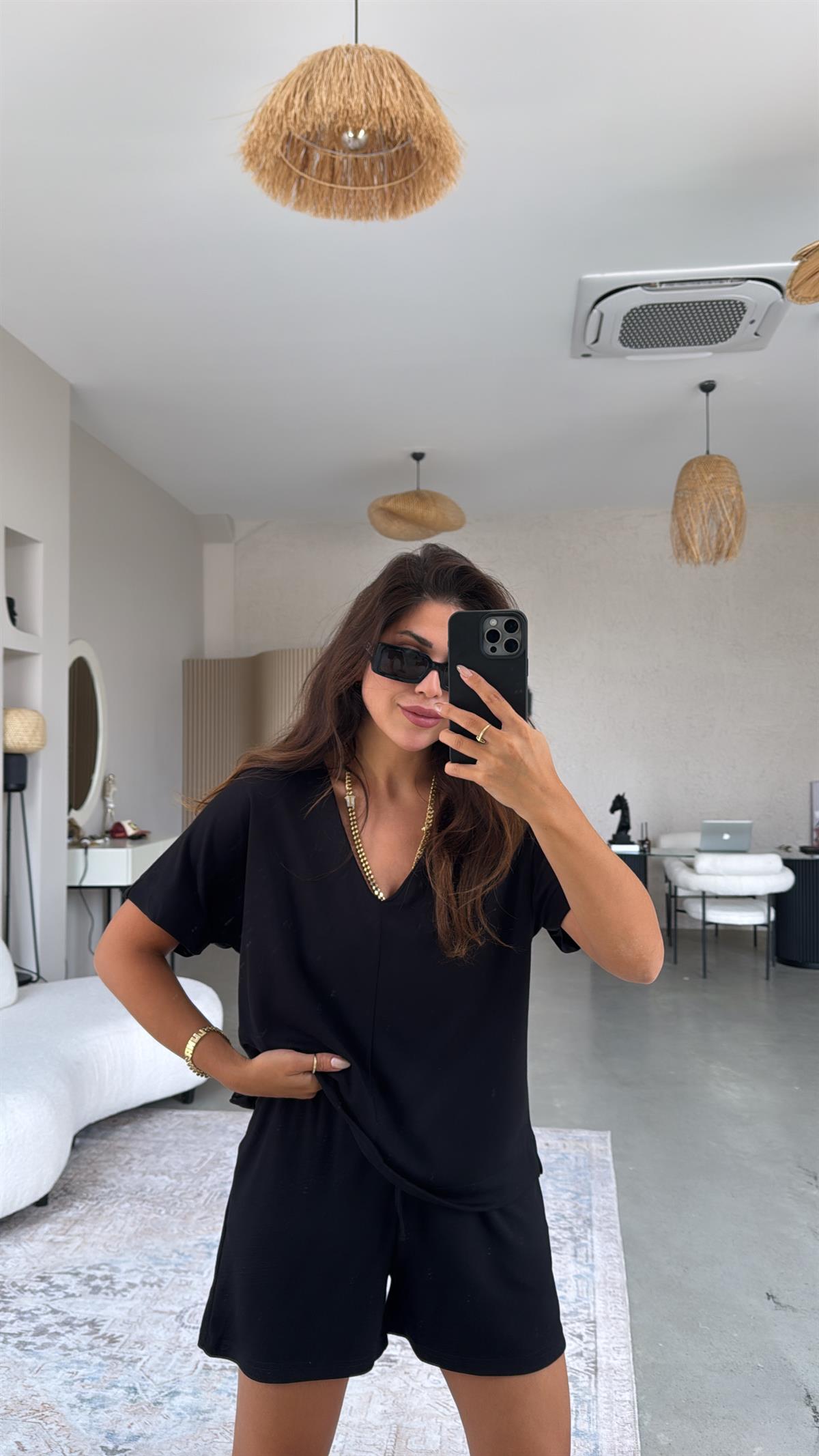 Siyah Şort Bluz Modal Takım