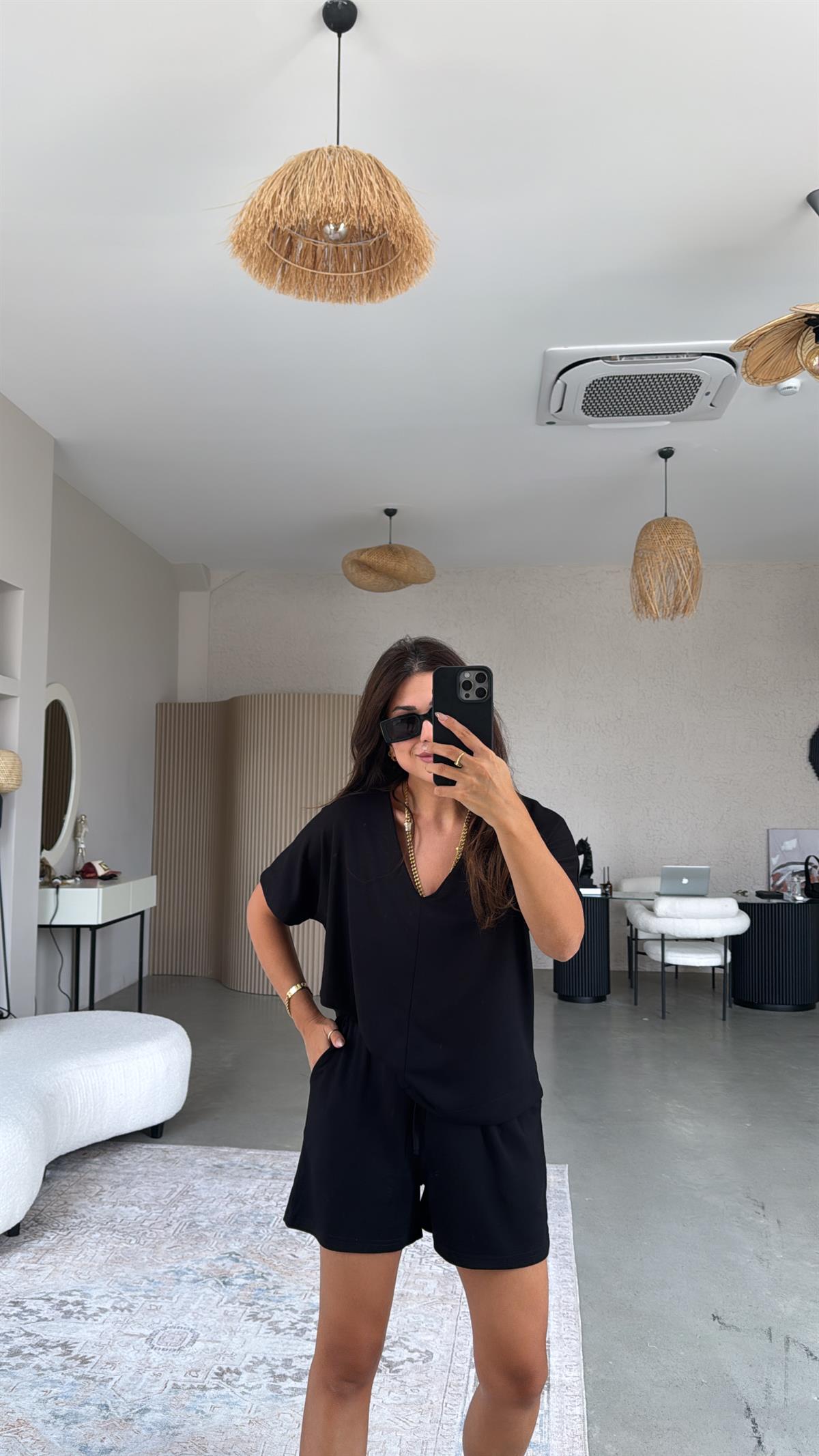 Siyah Şort Bluz Modal Takım