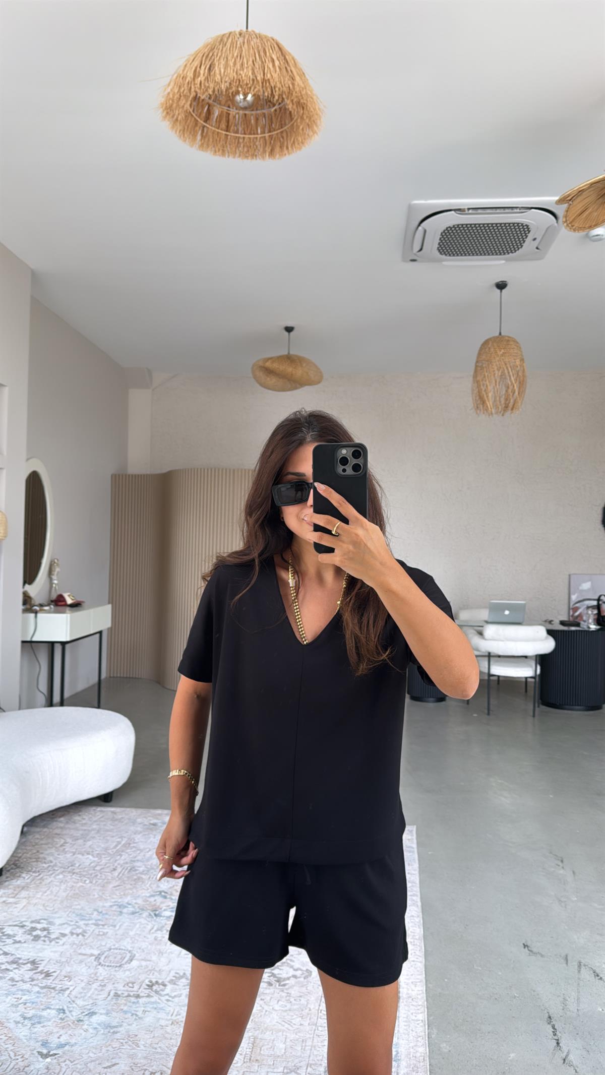 Siyah Şort Bluz Modal Takım