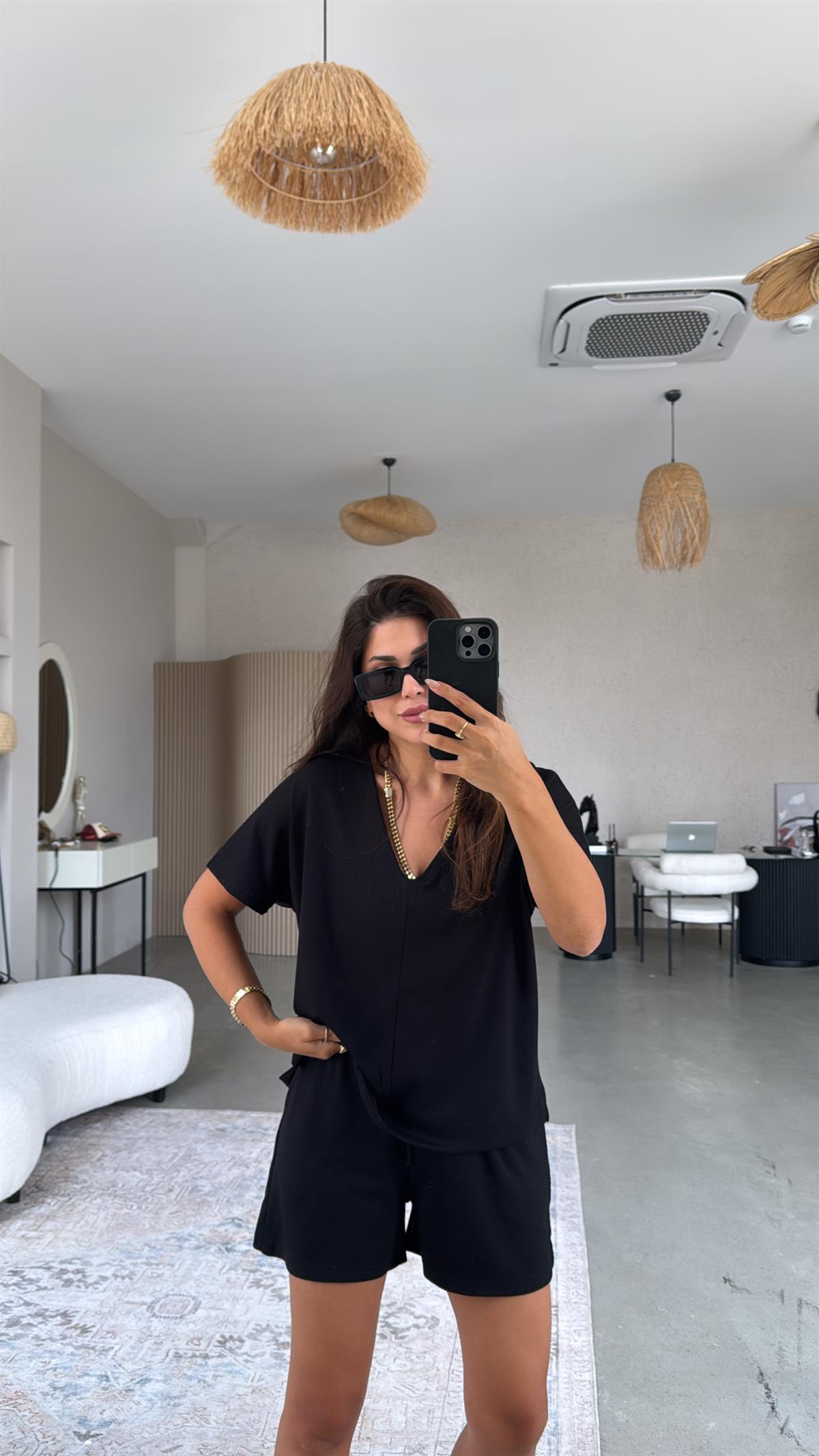 Siyah Şort Bluz Modal Takım