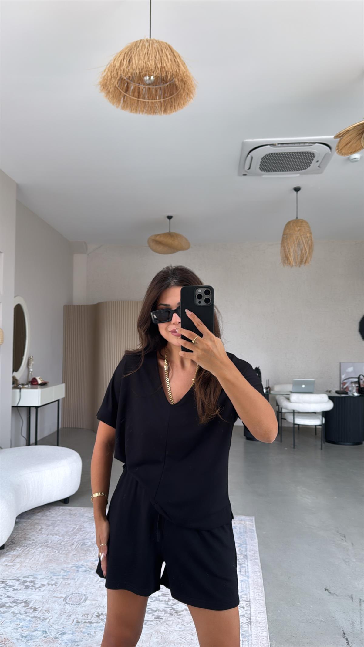 Siyah Şort Bluz Modal Takım