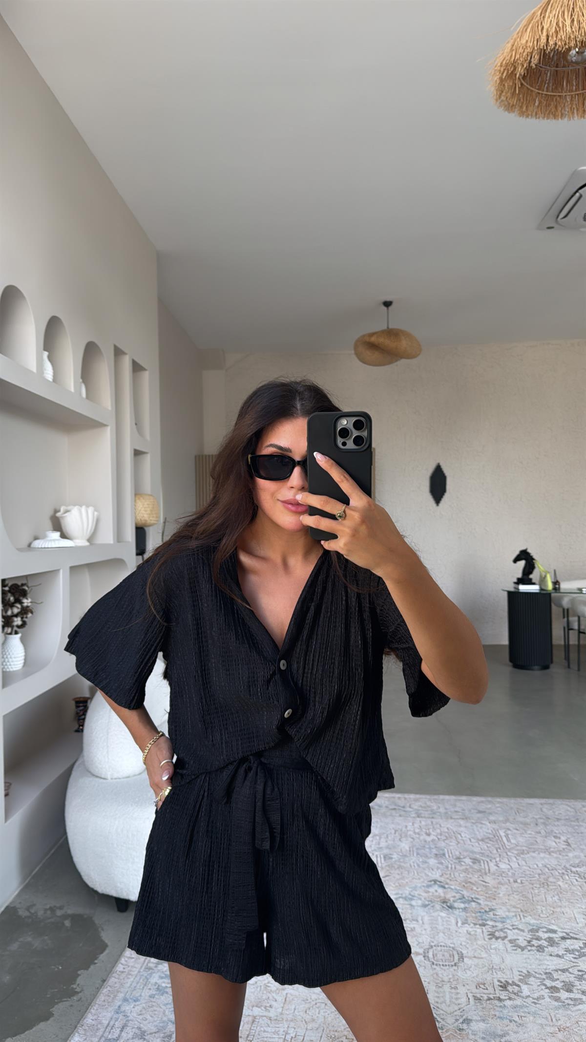 Siyah Şort Gömlek Tiril Bürümcük Takım