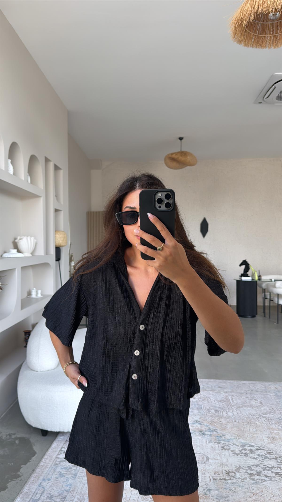 Siyah Şort Gömlek Tiril Bürümcük Takım