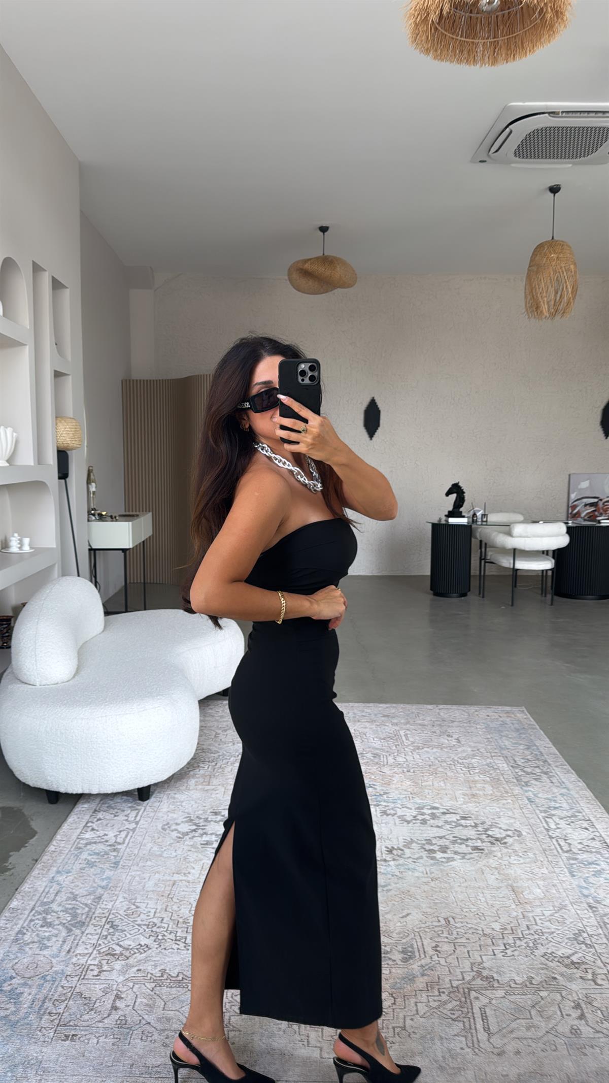 Siyah Straplez Midi Boy Streç Kalem Elbise
