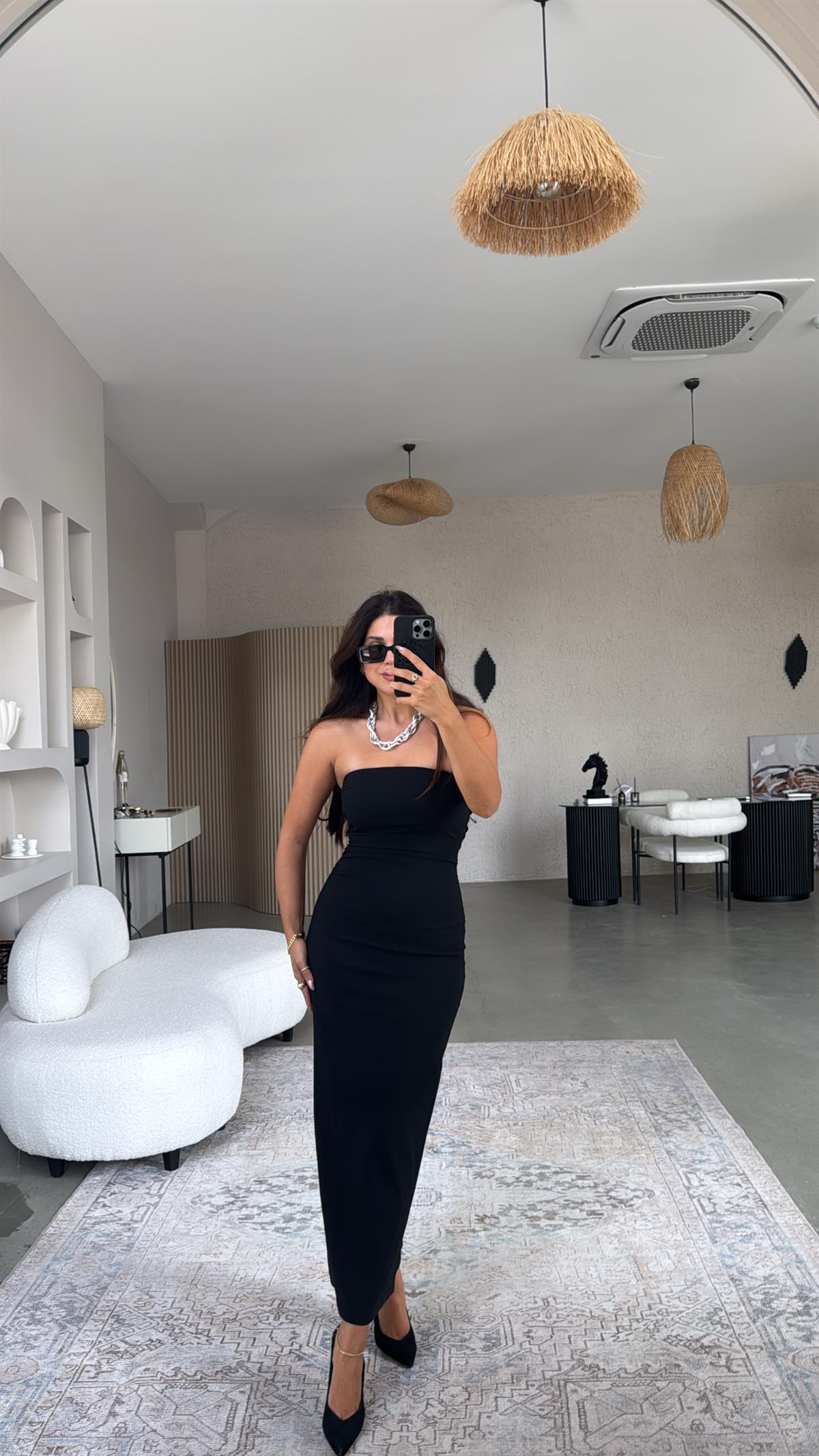 Siyah Straplez Midi Boy Streç Kalem Elbise