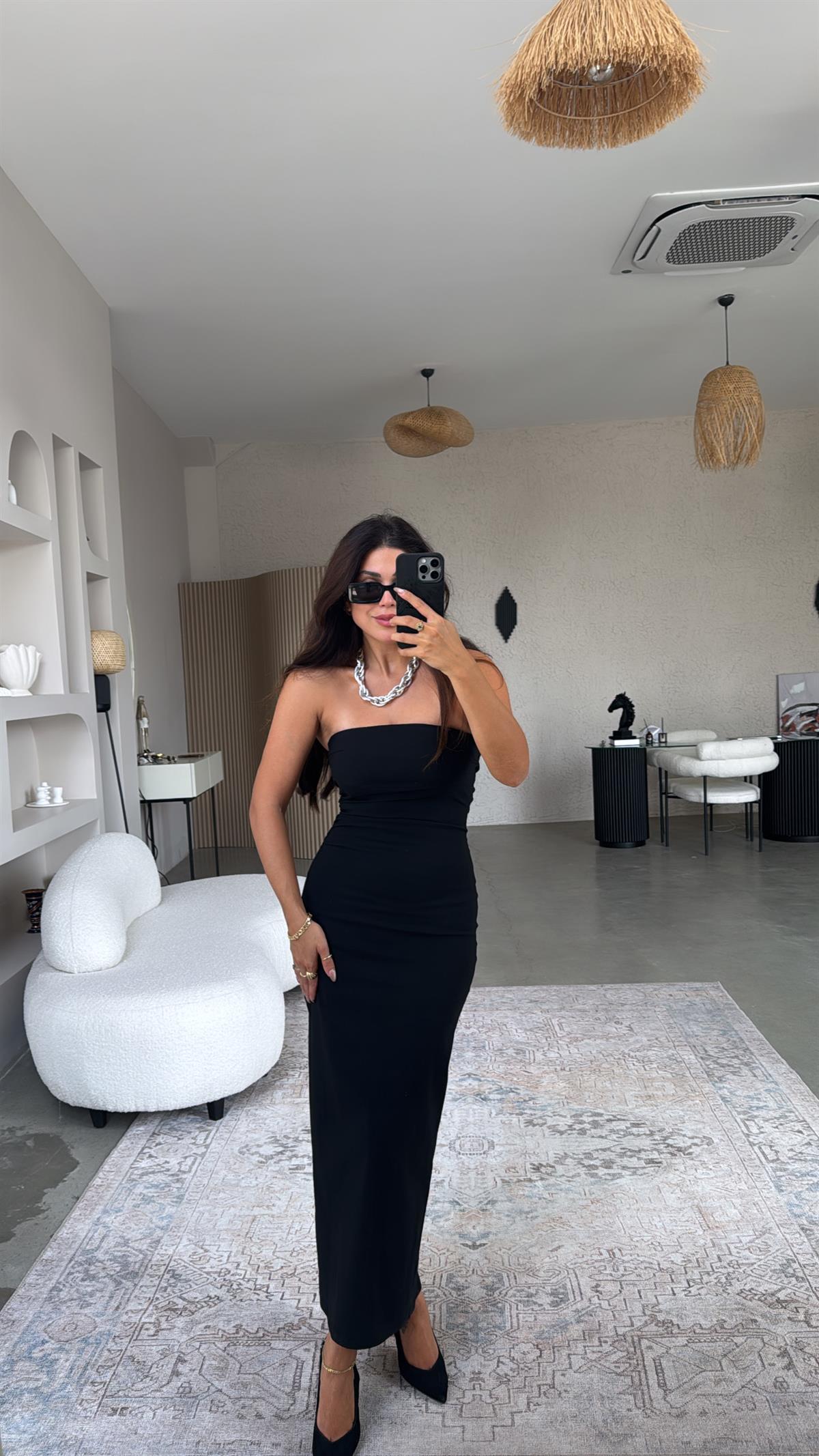 Siyah Straplez Midi Boy Streç Kalem Elbise