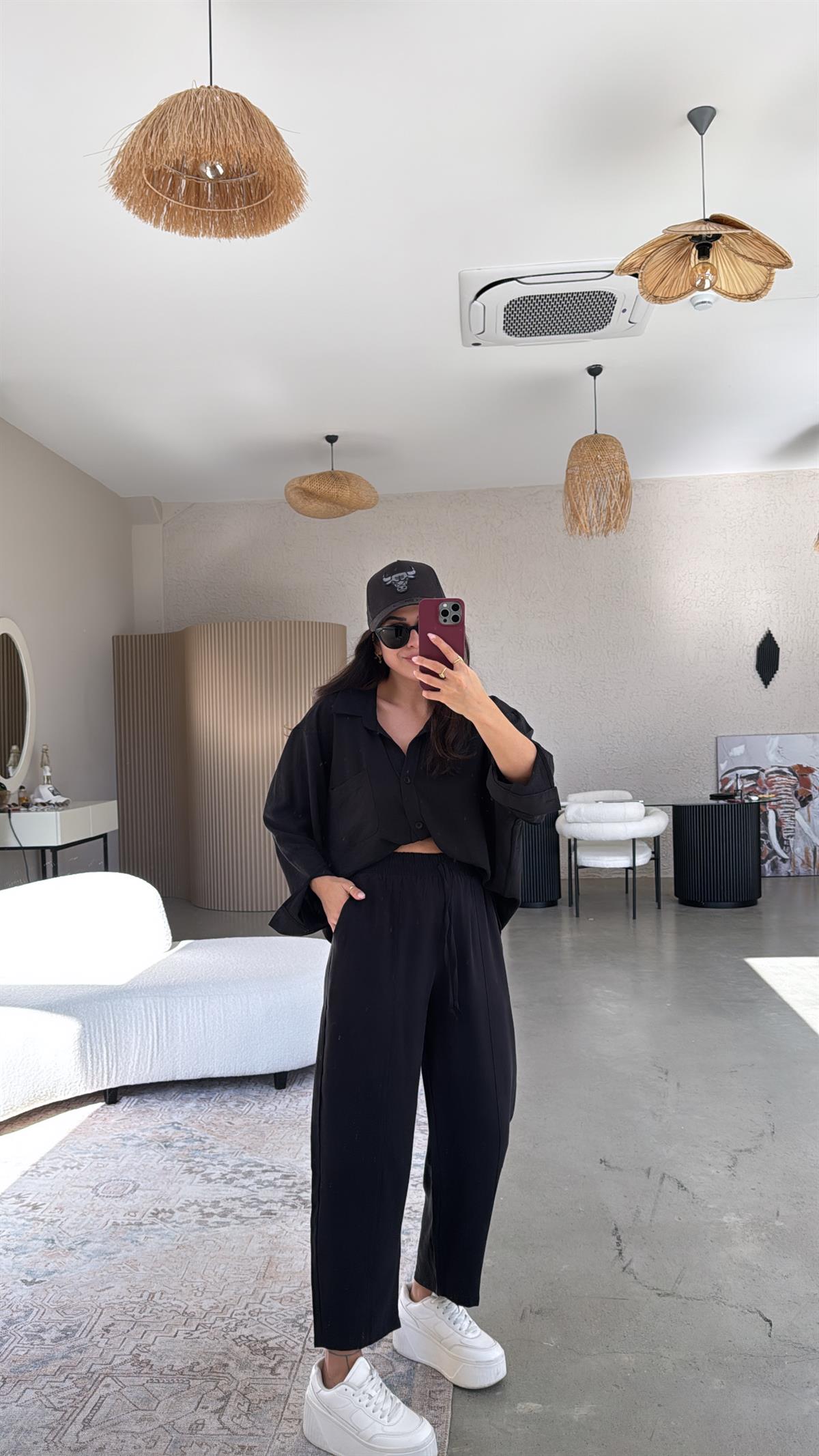 Siyah Tensel Çımalı Pantolon