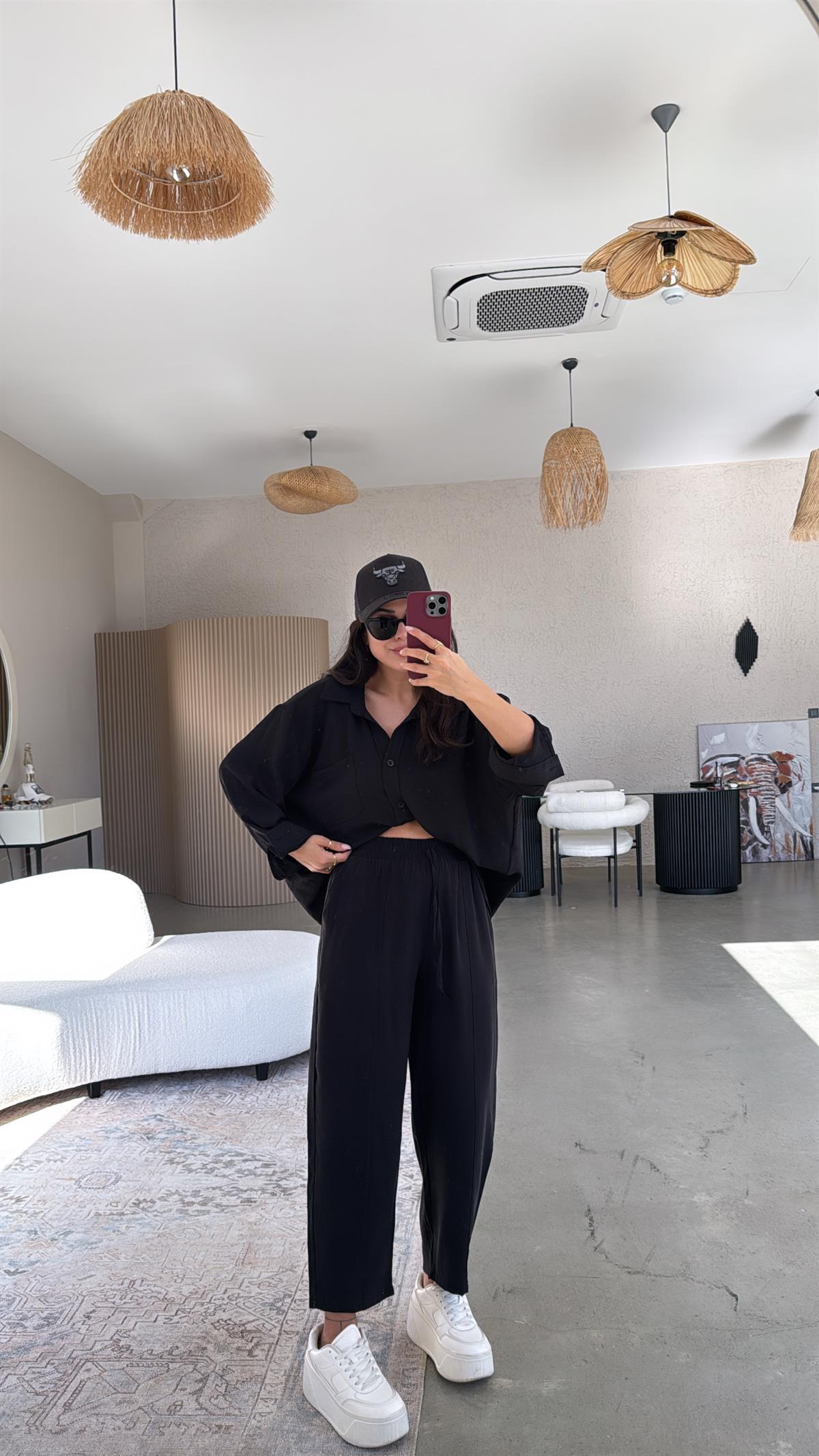 Siyah Tensel Çımalı Pantolon