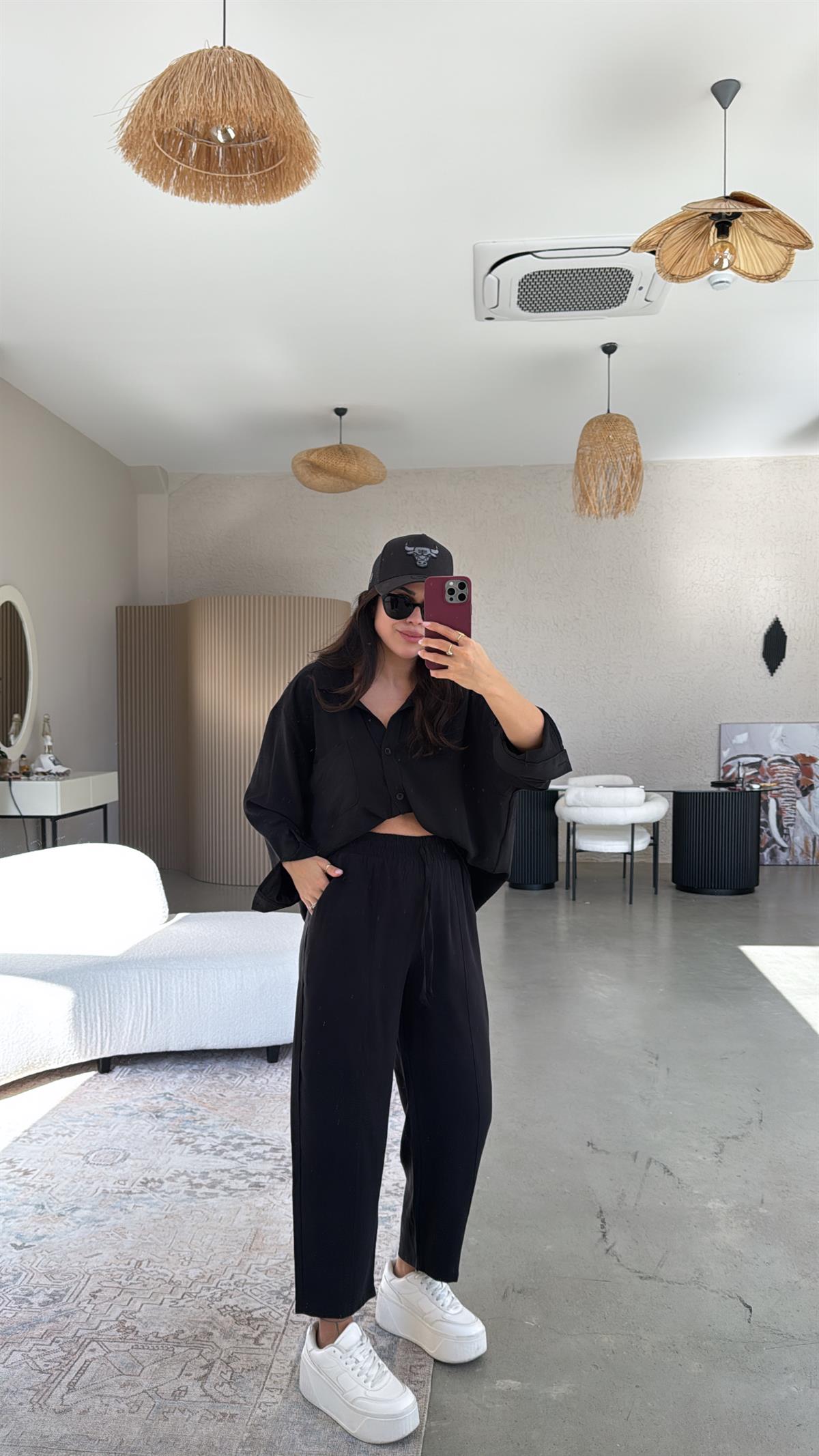 Siyah Tensel Çımalı Pantolon