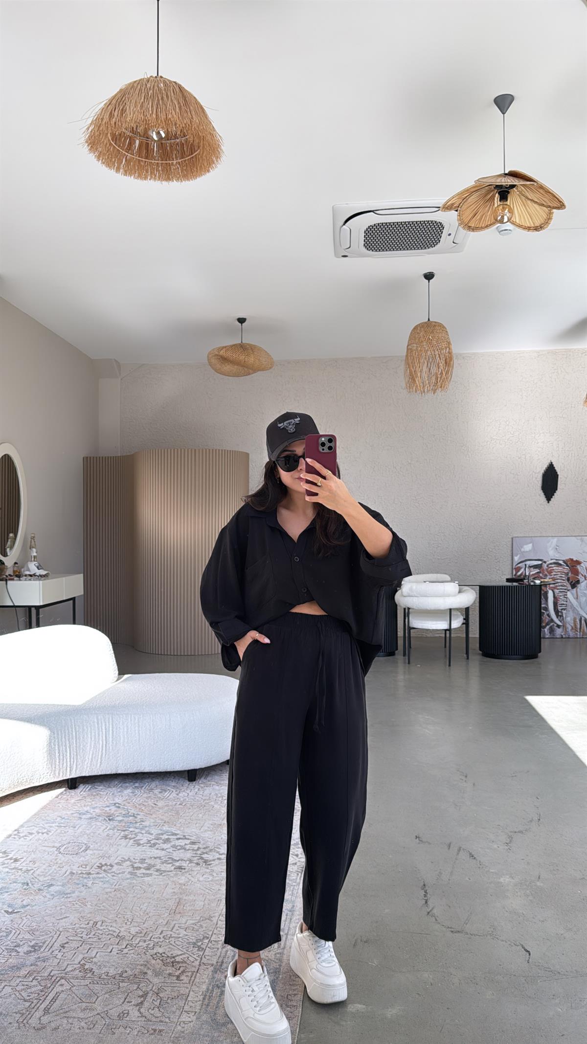 Siyah Tensel Çımalı Pantolon