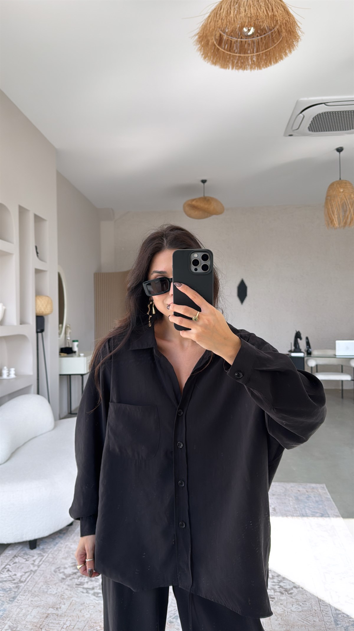 Siyah Tensel Dökümlü Gömlek Pantolon Takım