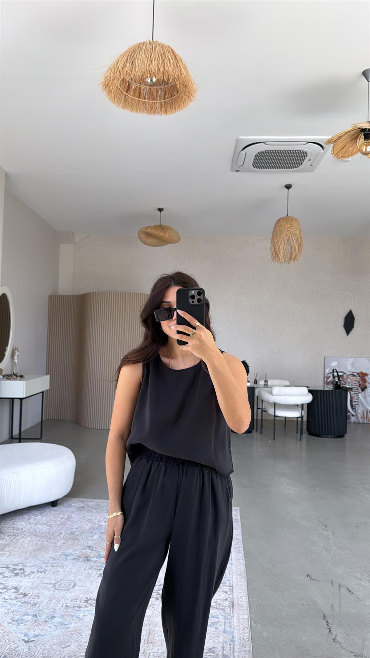 Siyah Tensel Pantolon Bluz Takım