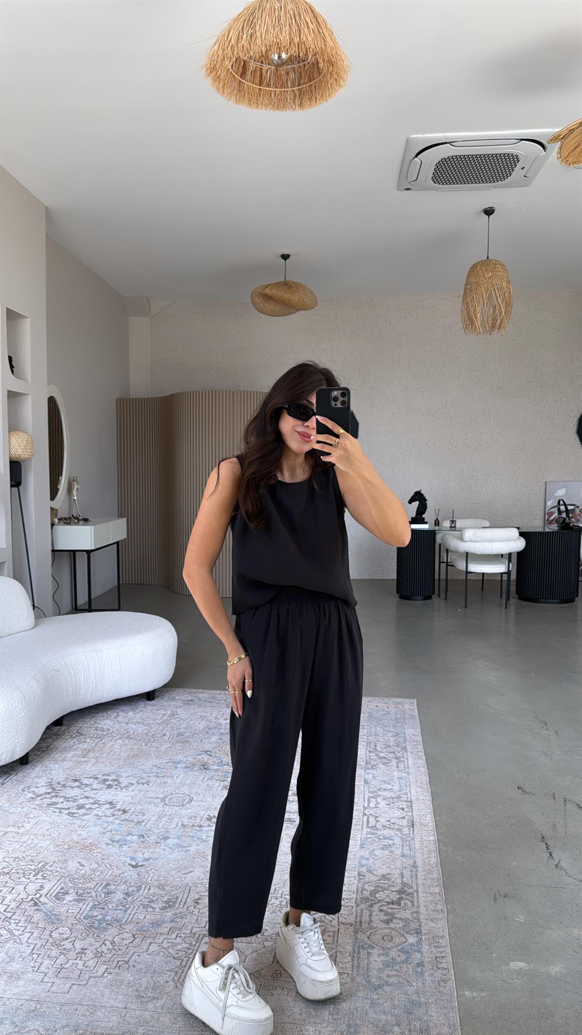 Siyah Tensel Pantolon Bluz Takım