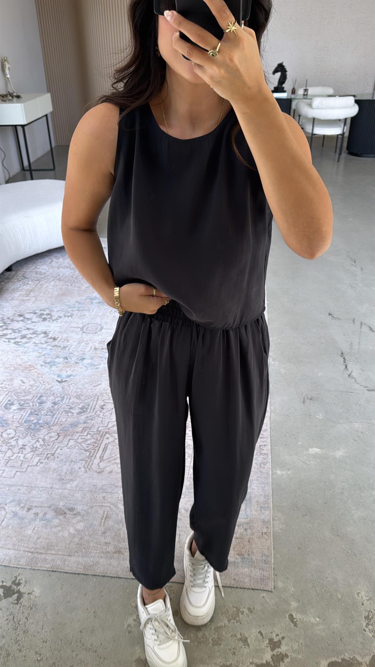 Siyah Tensel Pantolon Bluz Takım