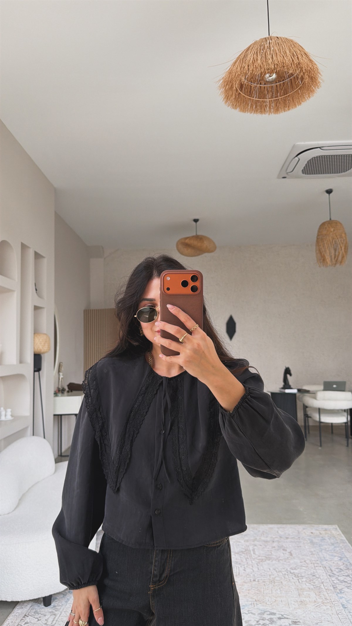 Siyah Tensel Romantik Yakalı Dantel Detaylı Gömlek