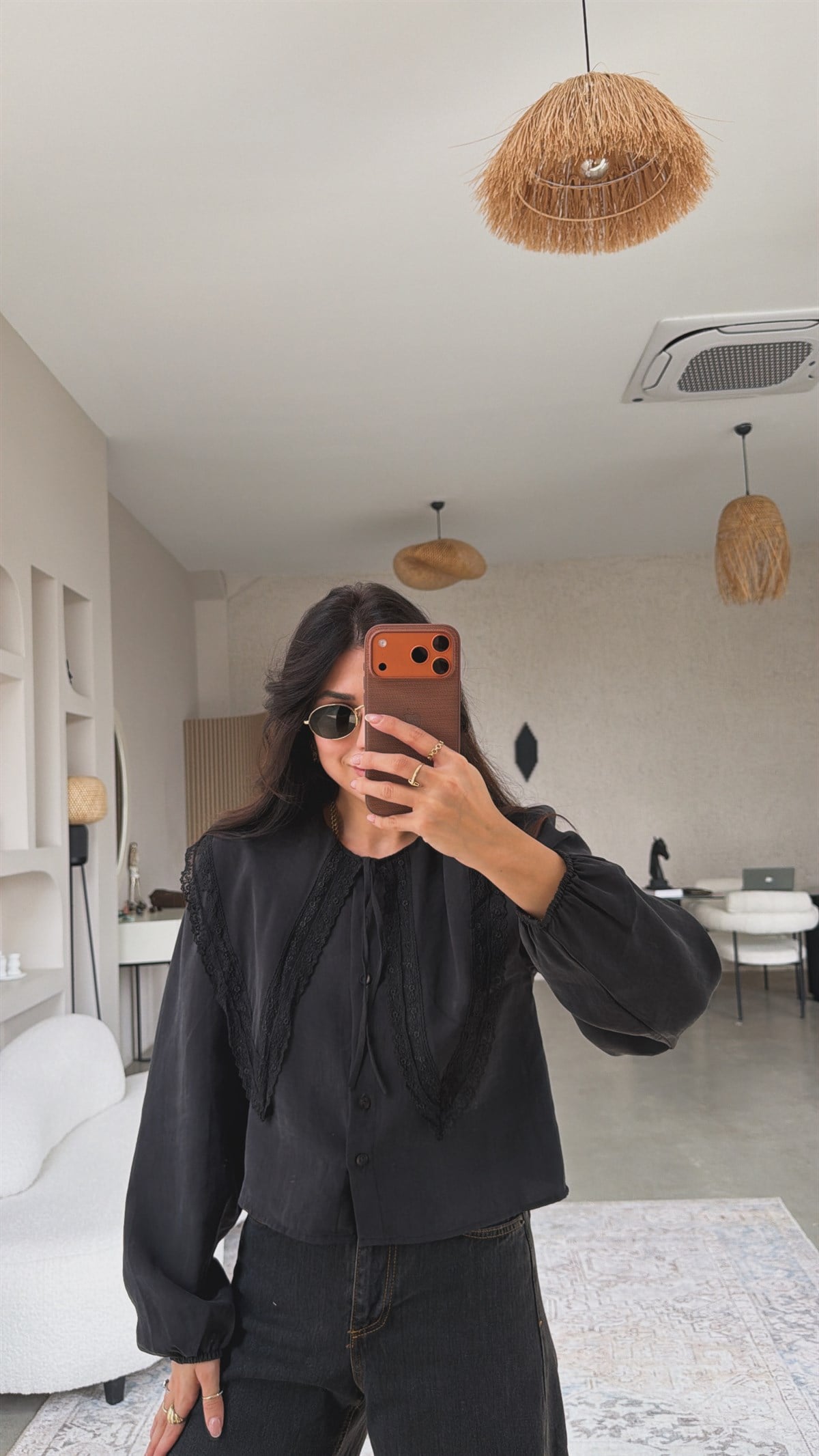 Siyah Tensel Romantik Yakalı Dantel Detaylı Gömlek