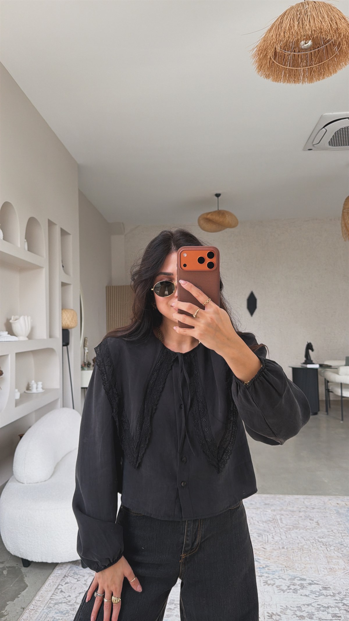 Siyah Tensel Romantik Yakalı Dantel Detaylı Gömlek