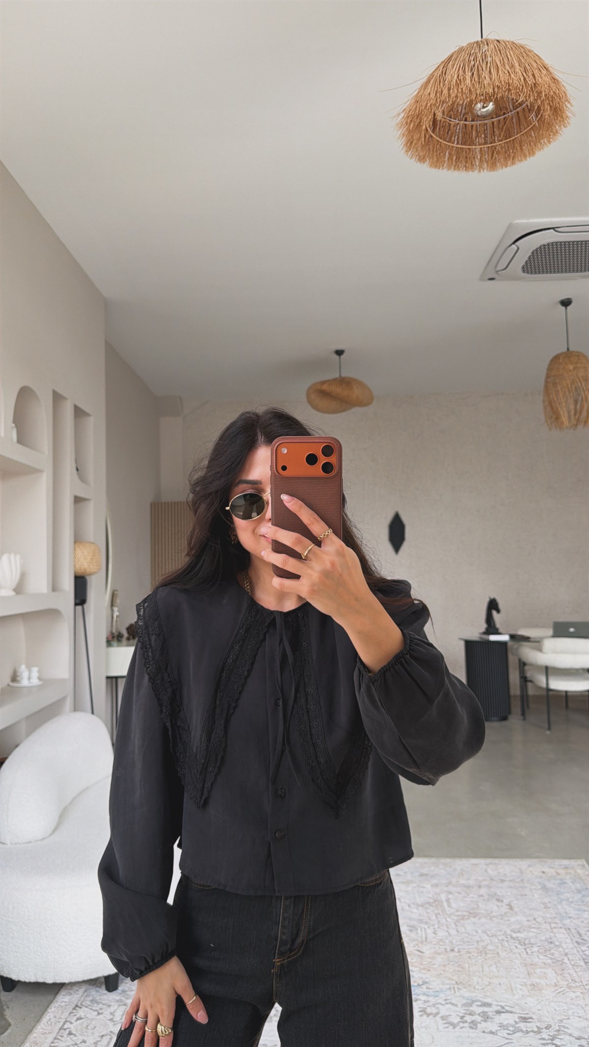 Siyah Tensel Romantik Yakalı Dantel Detaylı Gömlek