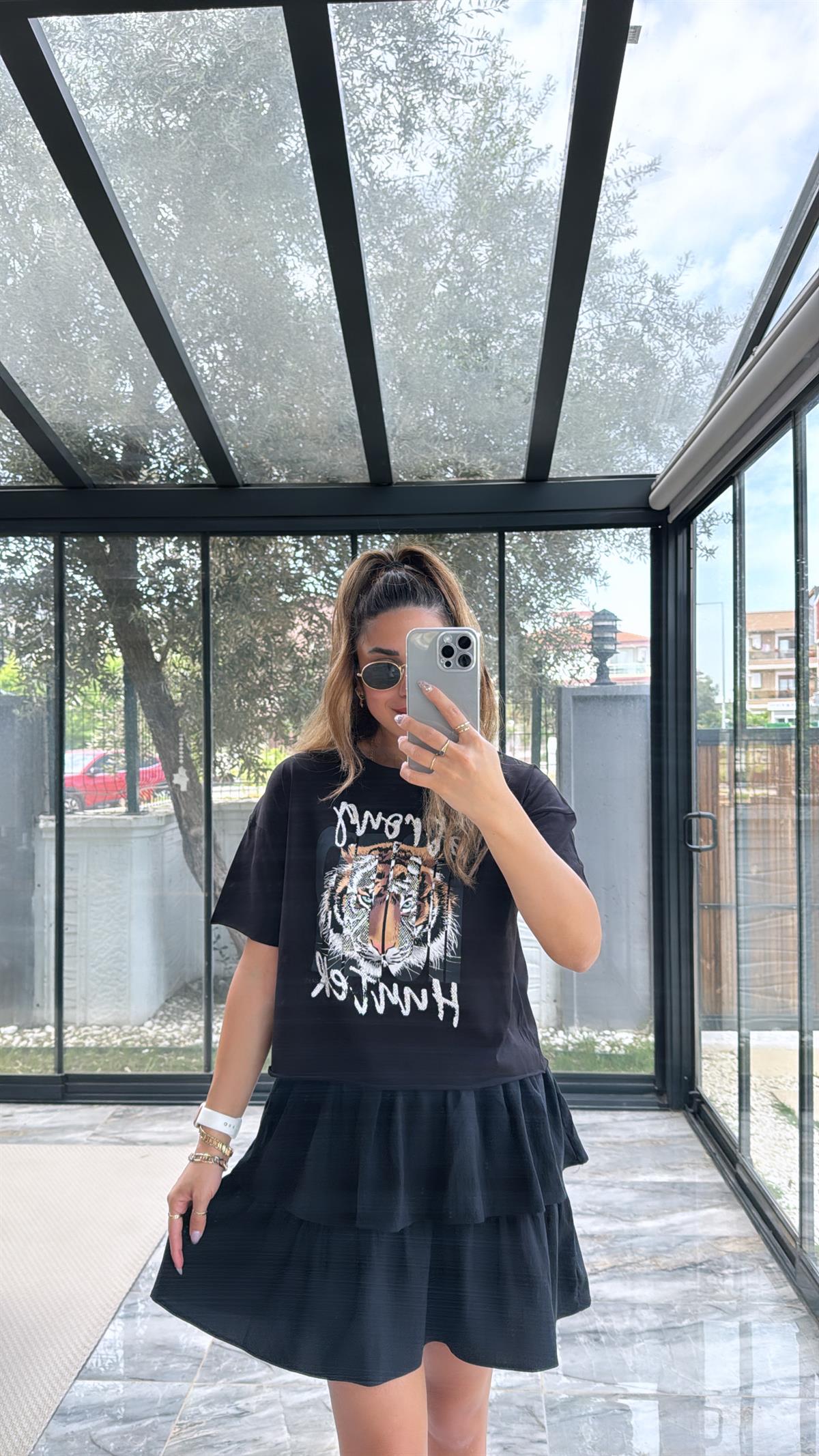 Siyah Tiger Taşlı Tshirt