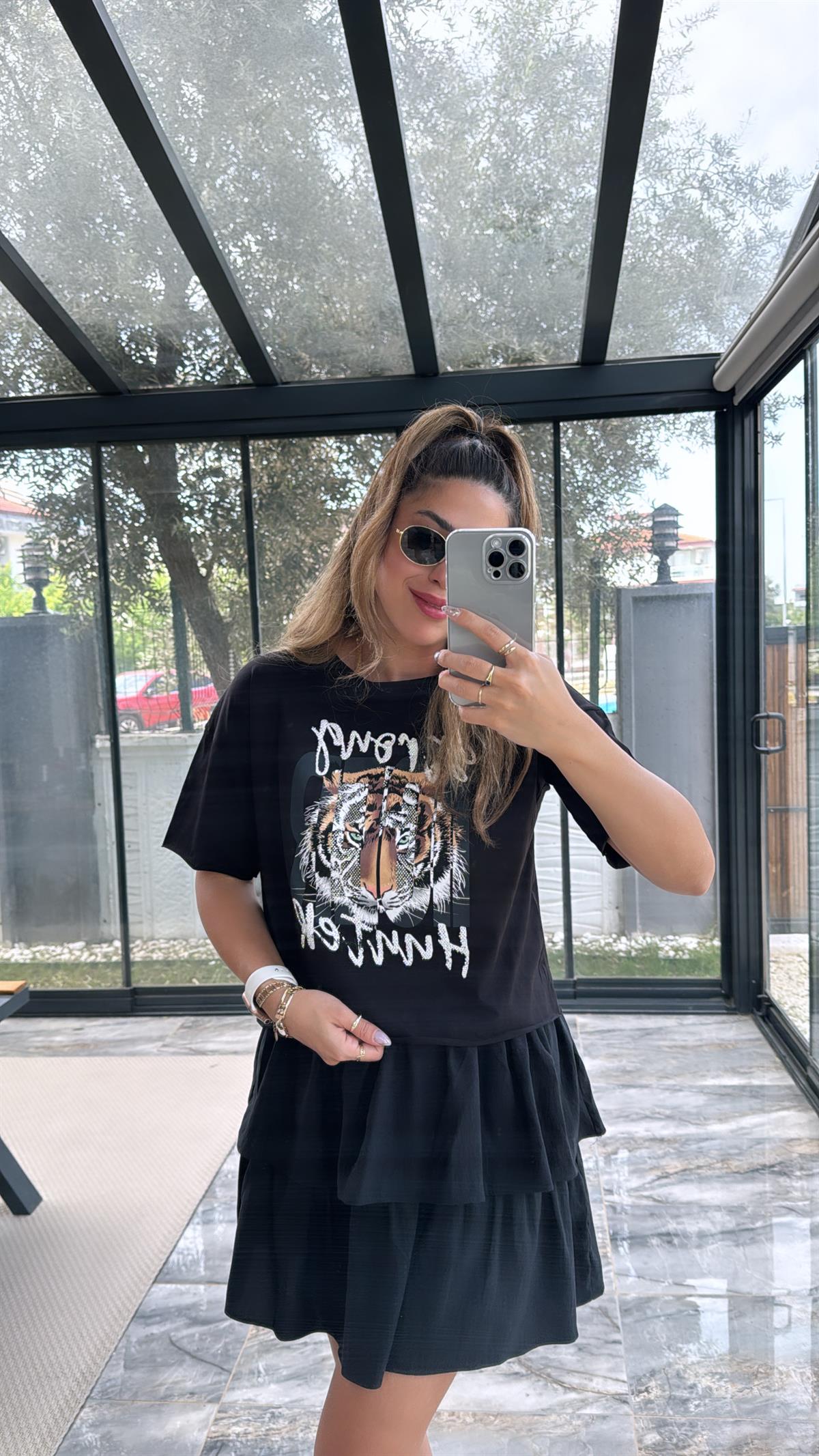 Siyah Tiger Taşlı Tshirt