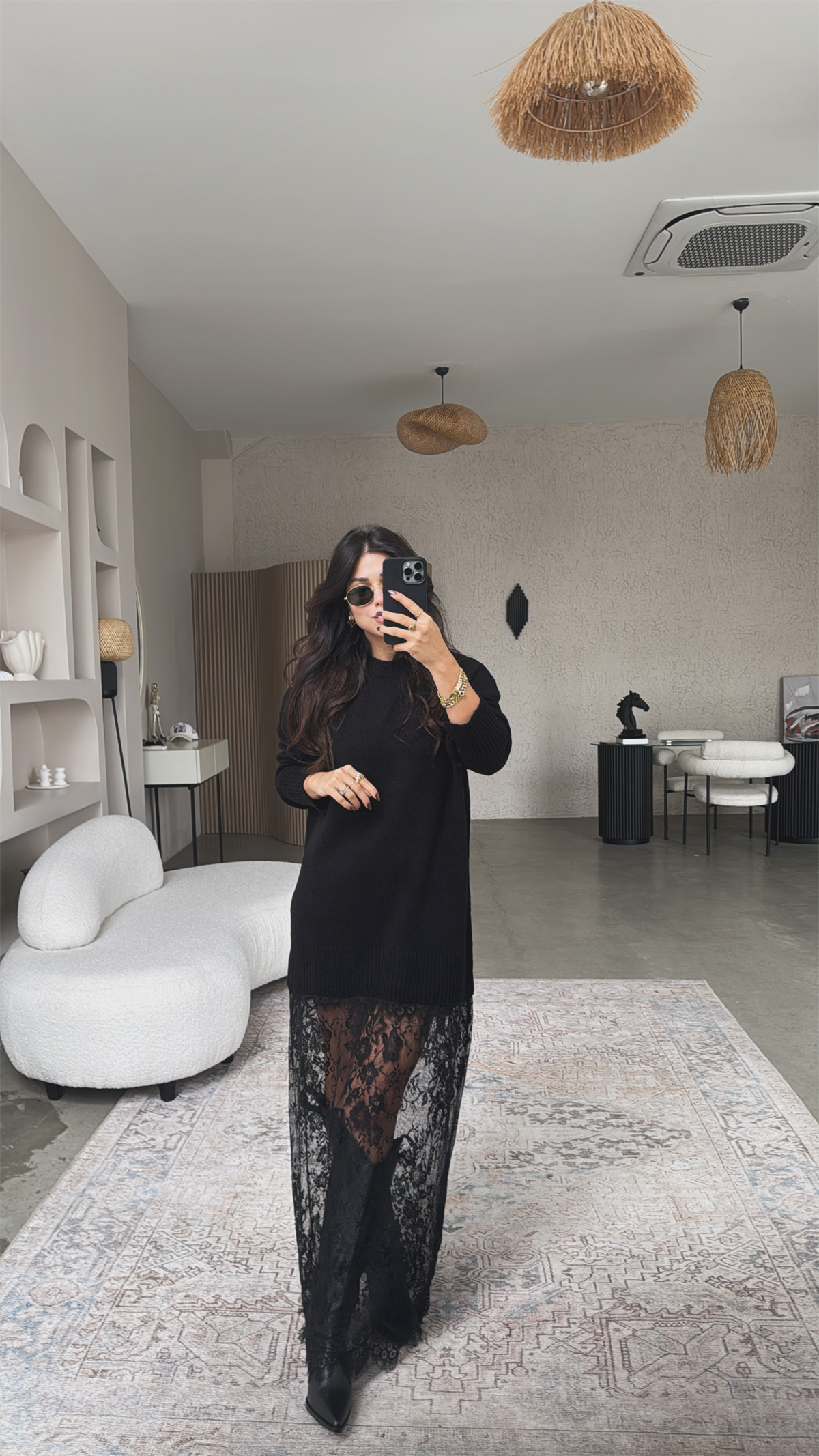 Siyah Triko Dantelli Maxi Boy Elbise