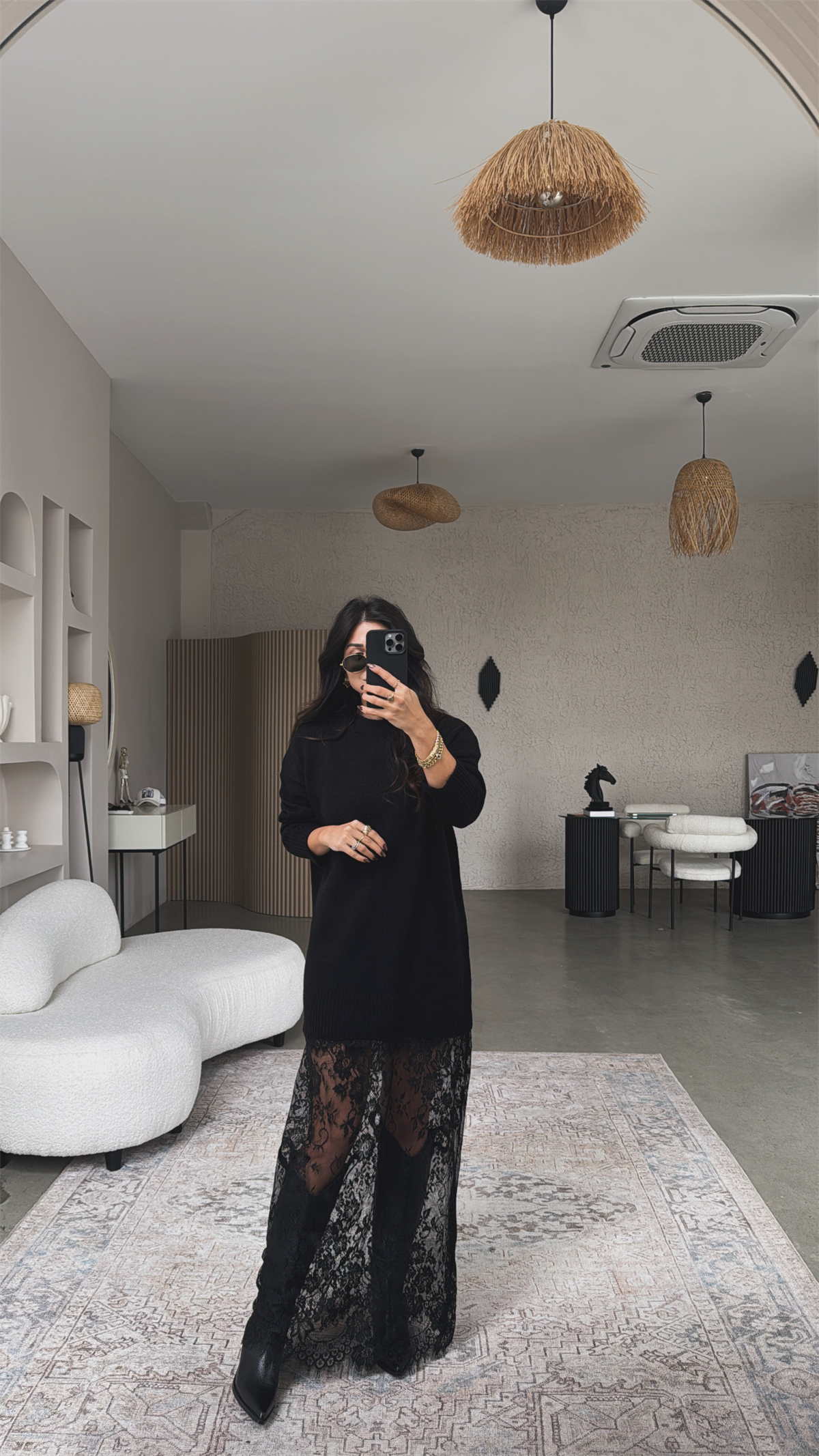 Siyah Triko Dantelli Maxi Boy Elbise
