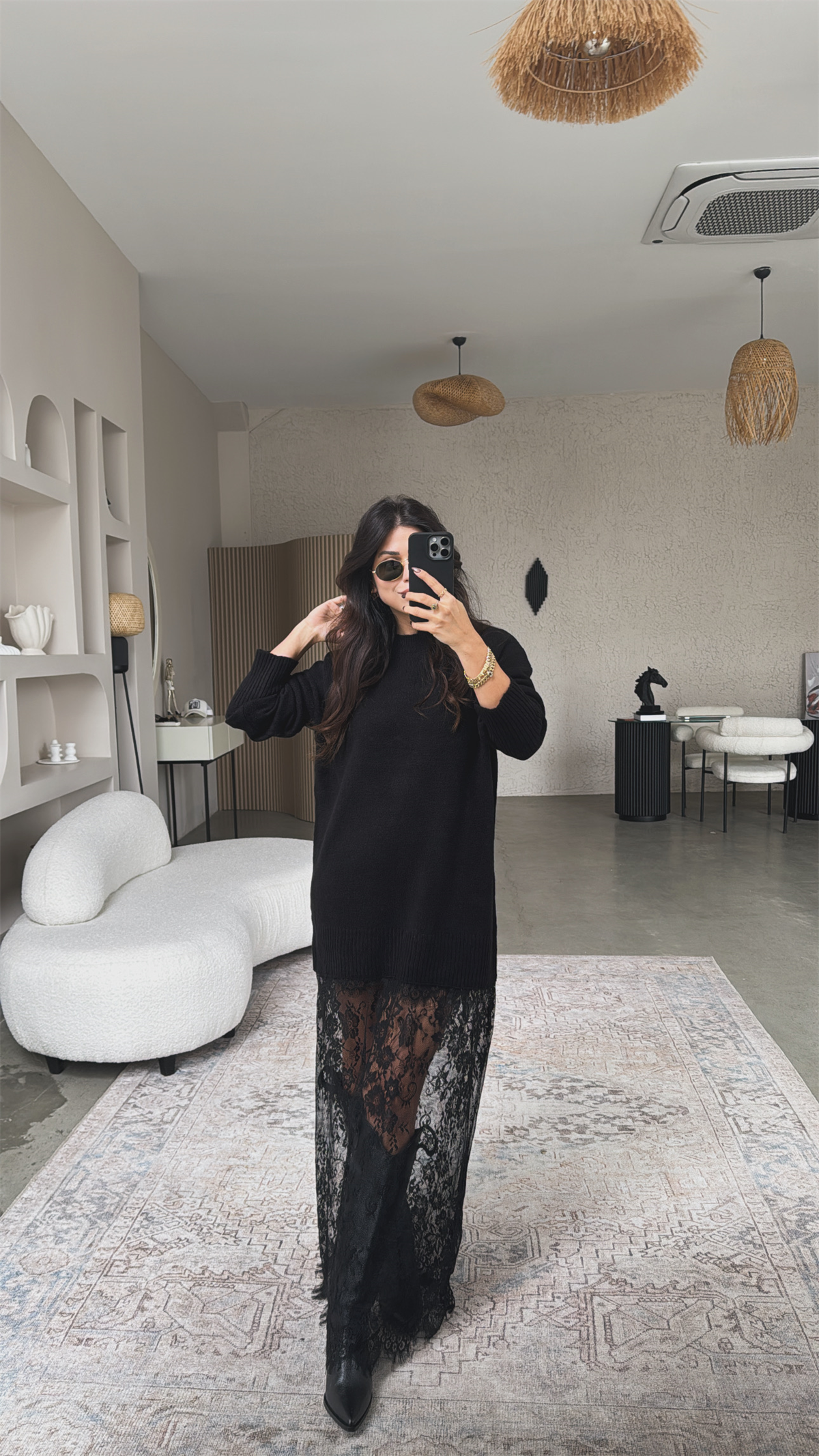 Siyah Triko Dantelli Maxi Boy Elbise