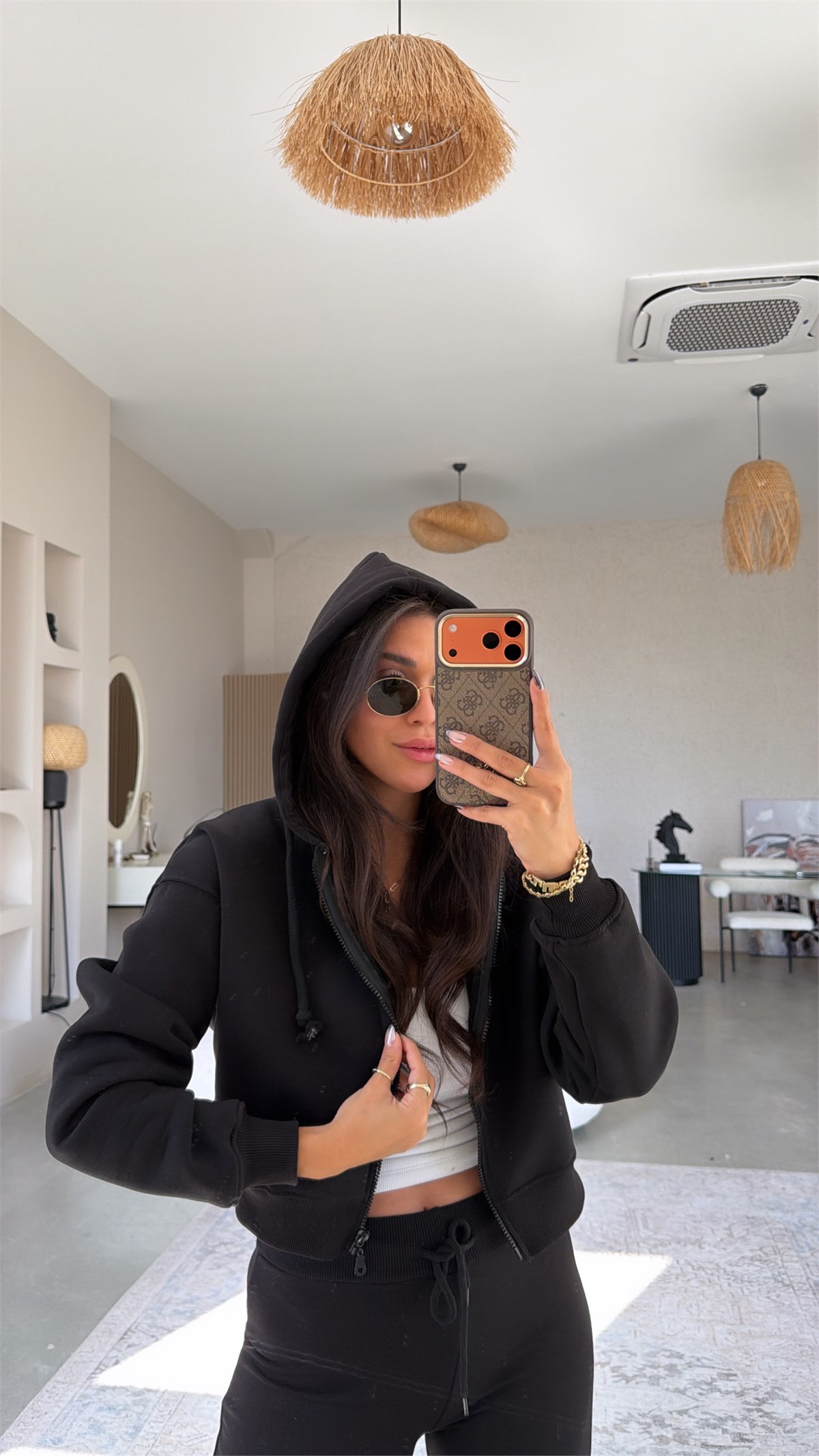Siyah Üç İplik Fermuarlı Crop Hoodie