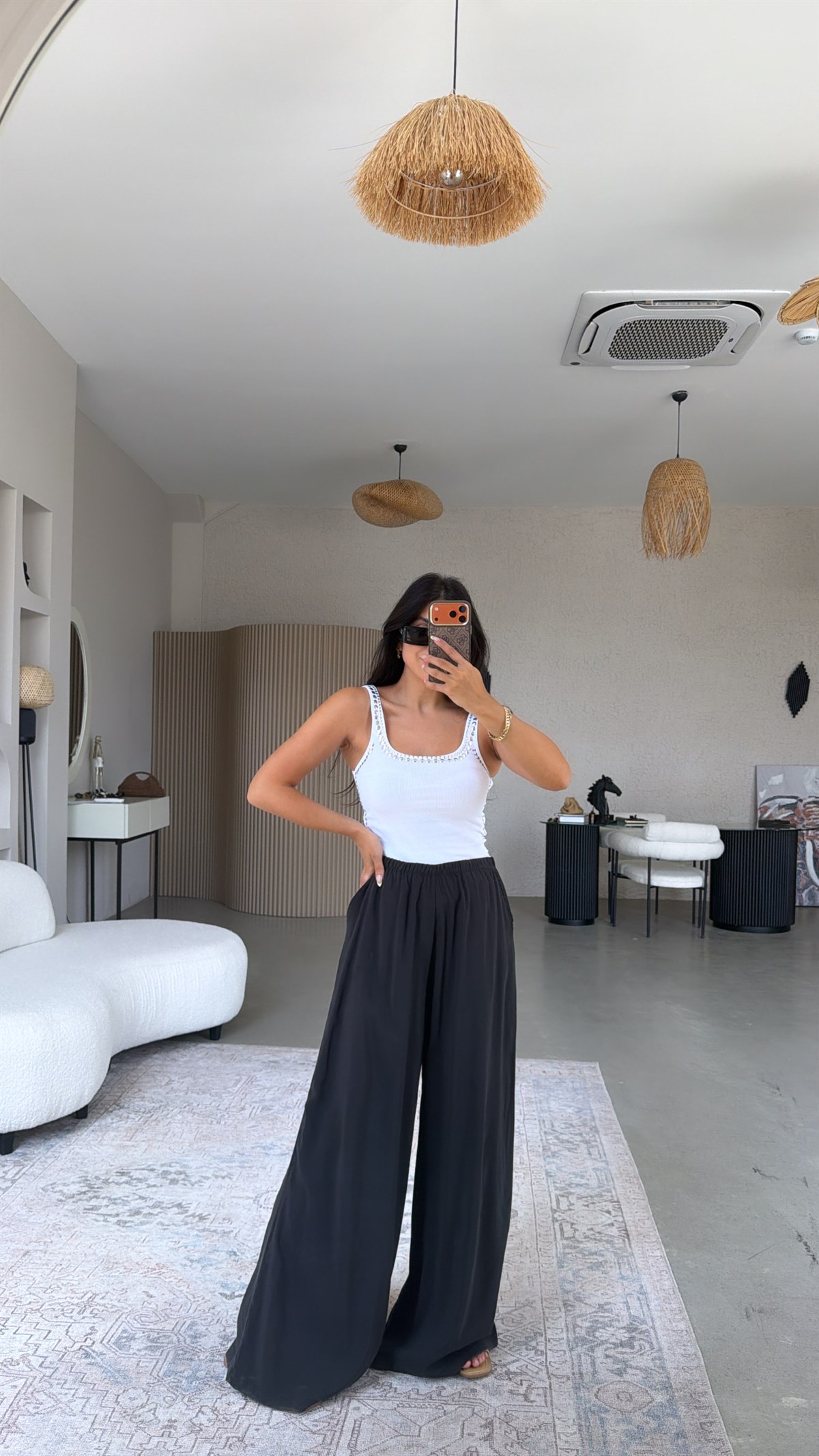 Siyah Ultra Wide Leg Tensel Pantolon