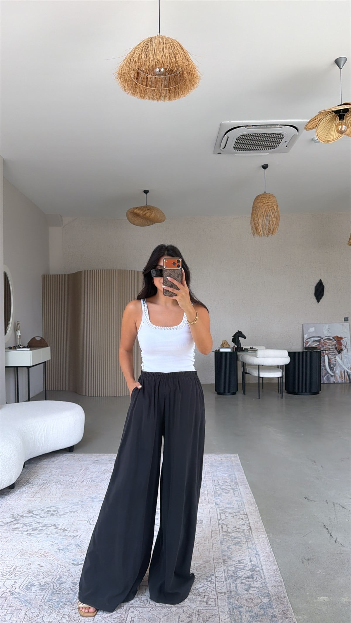 Siyah Ultra Wide Leg Tensel Pantolon