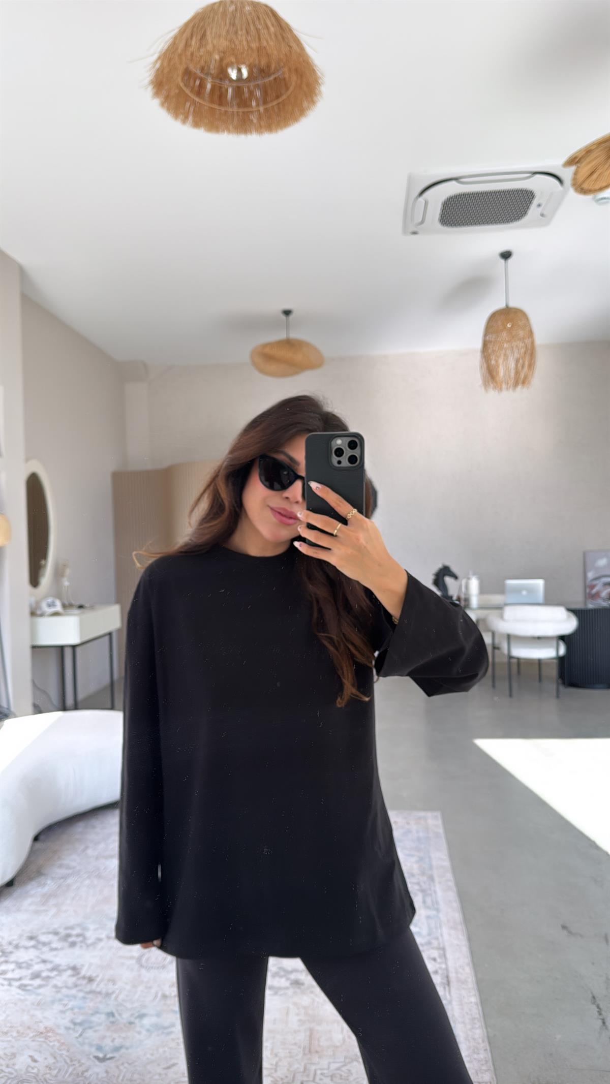 Siyah Uzun Kol Basic Pamuk Tshirt