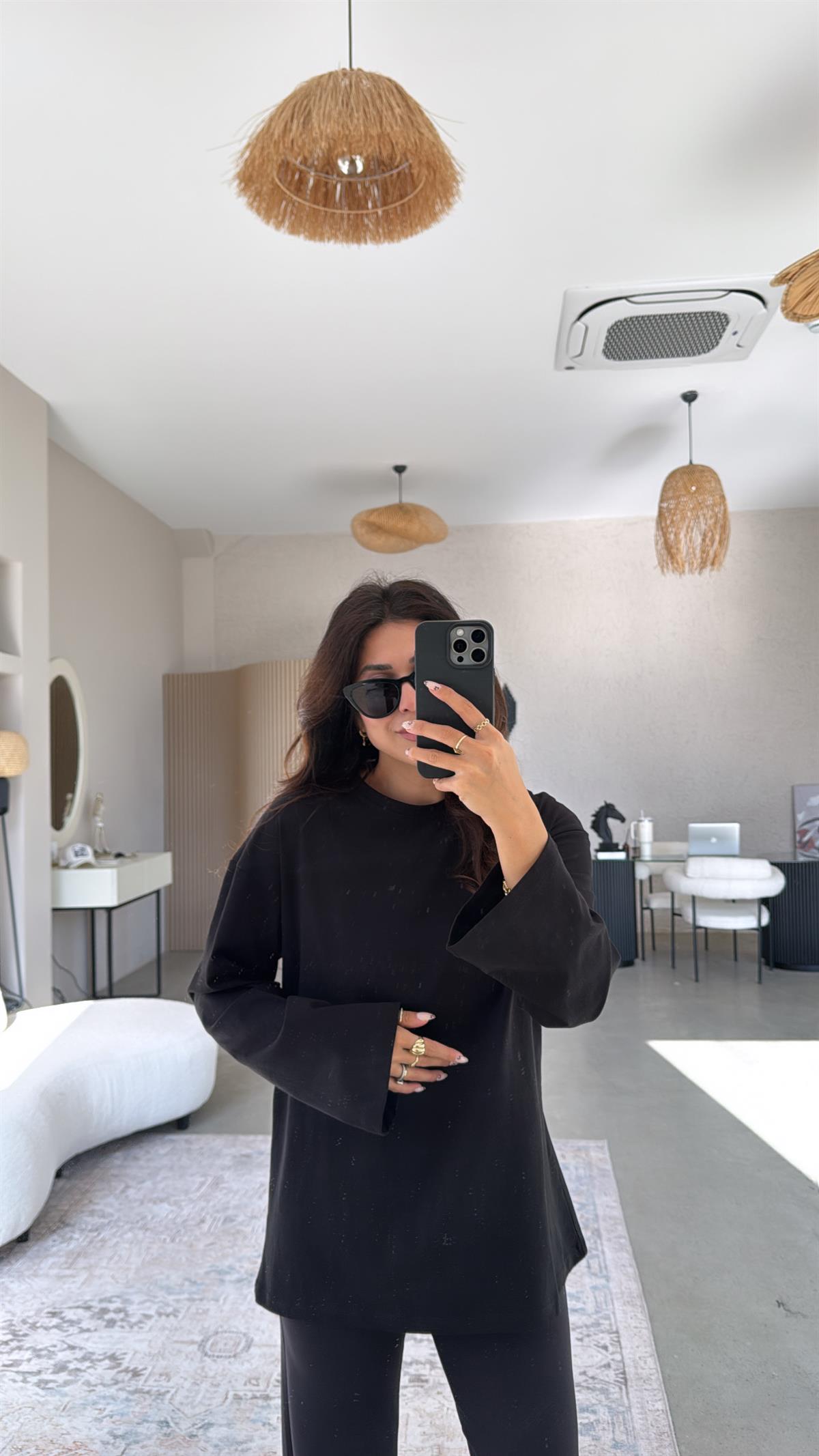 Siyah Uzun Kol Basic Pamuk Tshirt