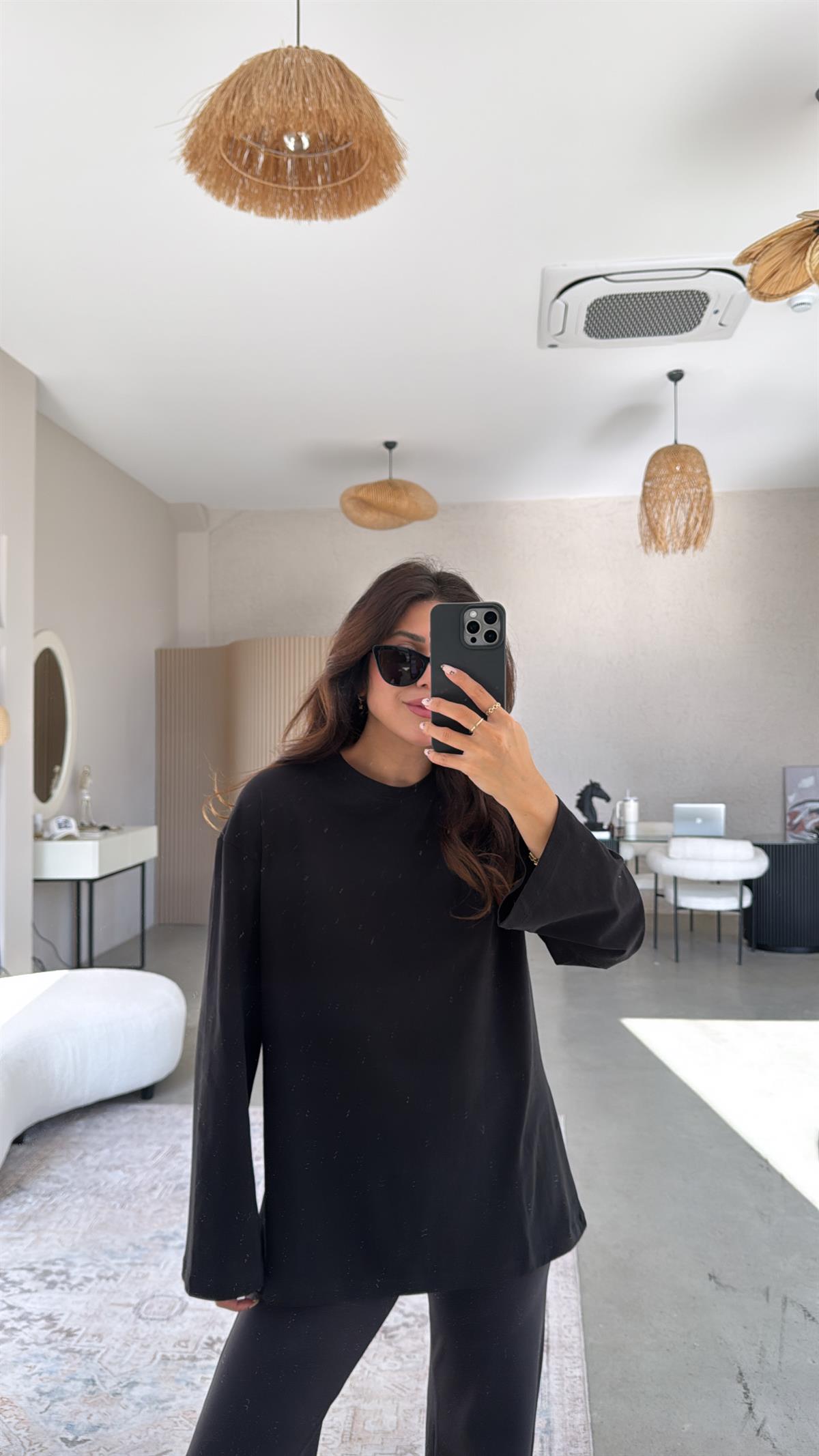 Siyah Uzun Kol Basic Pamuk Tshirt