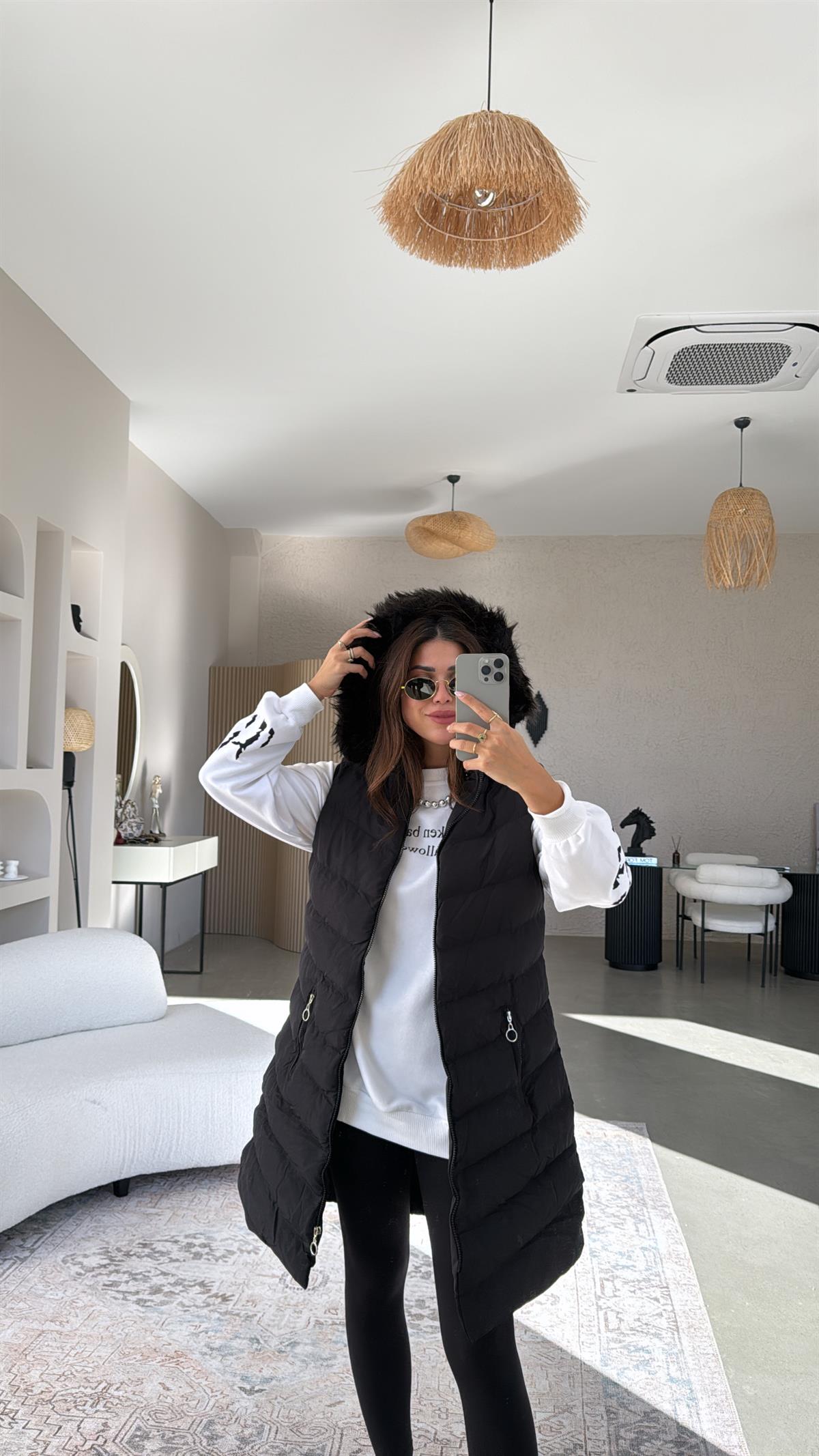 Siyah Uzun Şişme Yelek