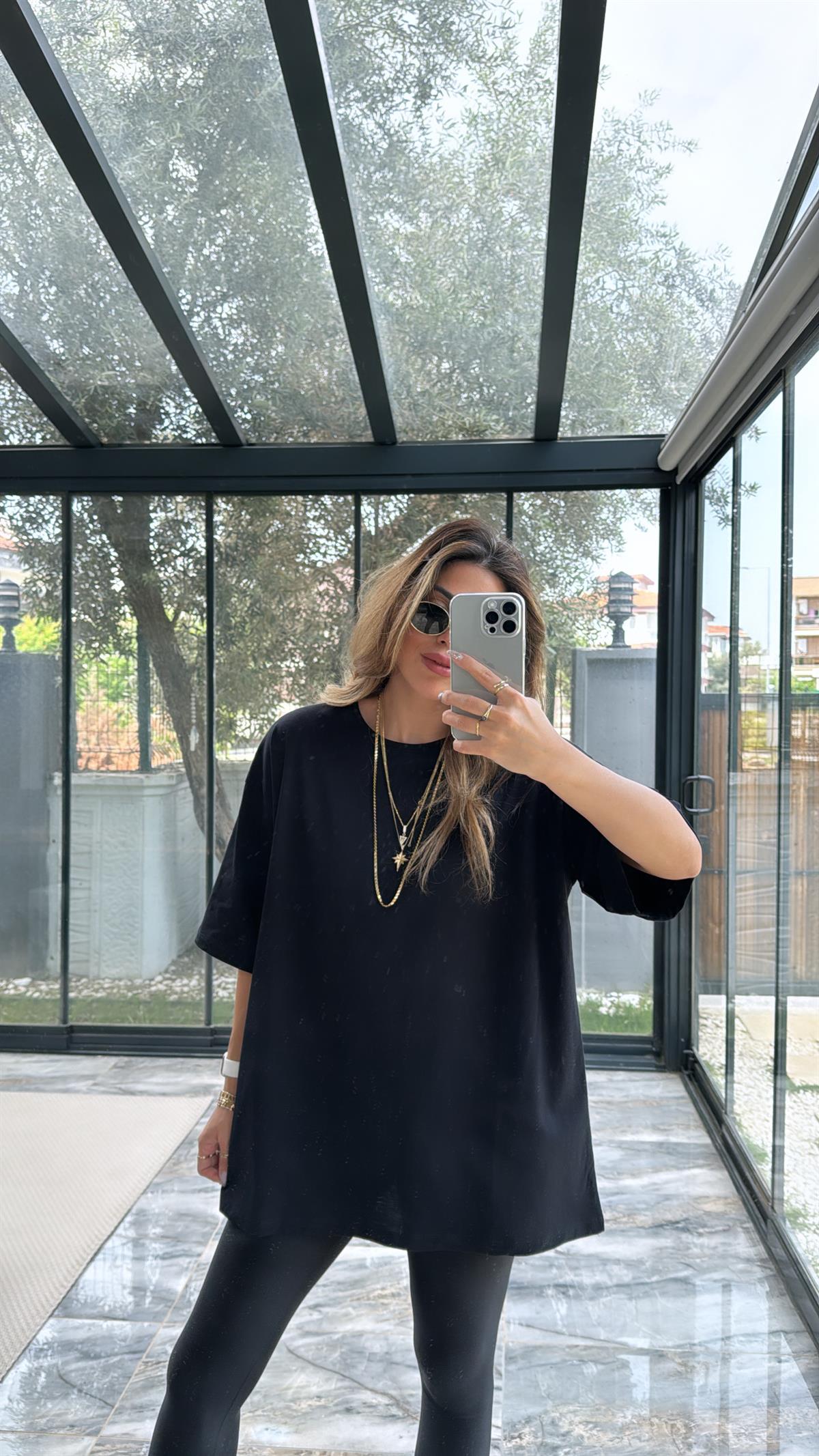 Siyah Uzun Truvakar Kol Basic Salaş Tshirt