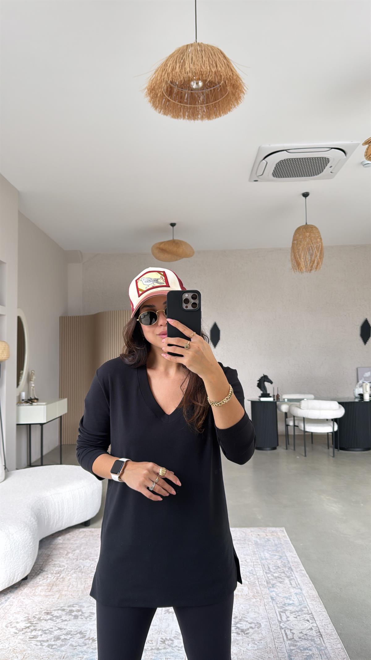 Siyah V Yaka Uzun Kol Pamuk Basic