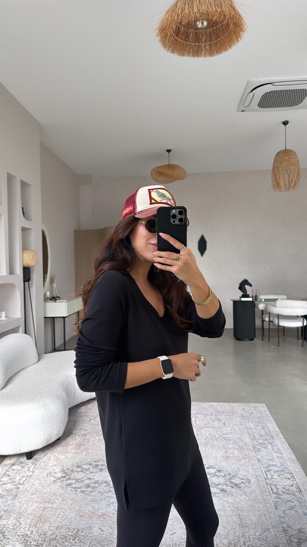 Siyah V Yaka Uzun Kol Pamuk Basic