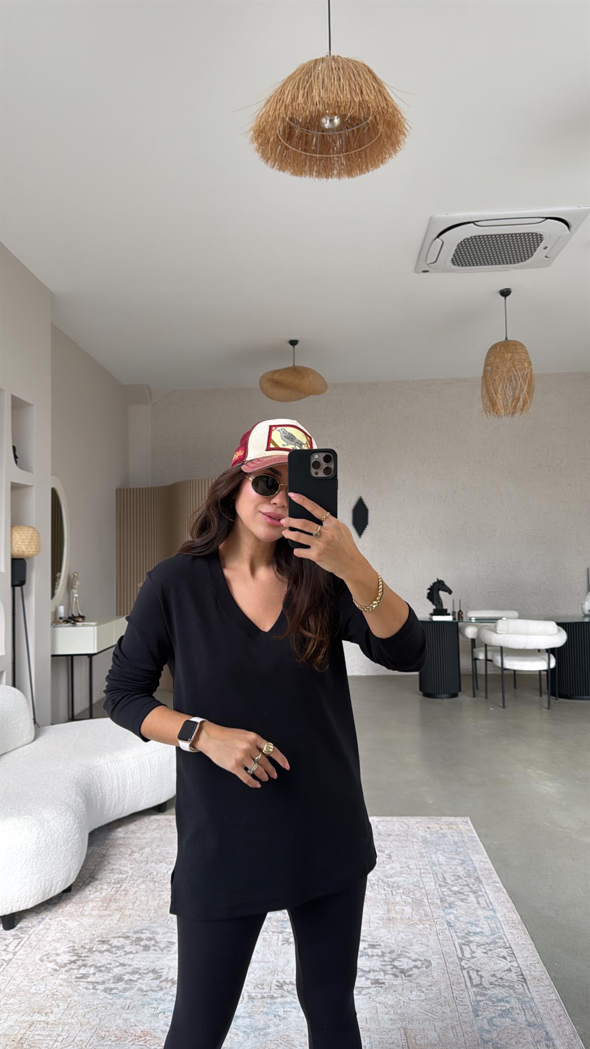 Siyah V Yaka Uzun Kol Pamuk Basic