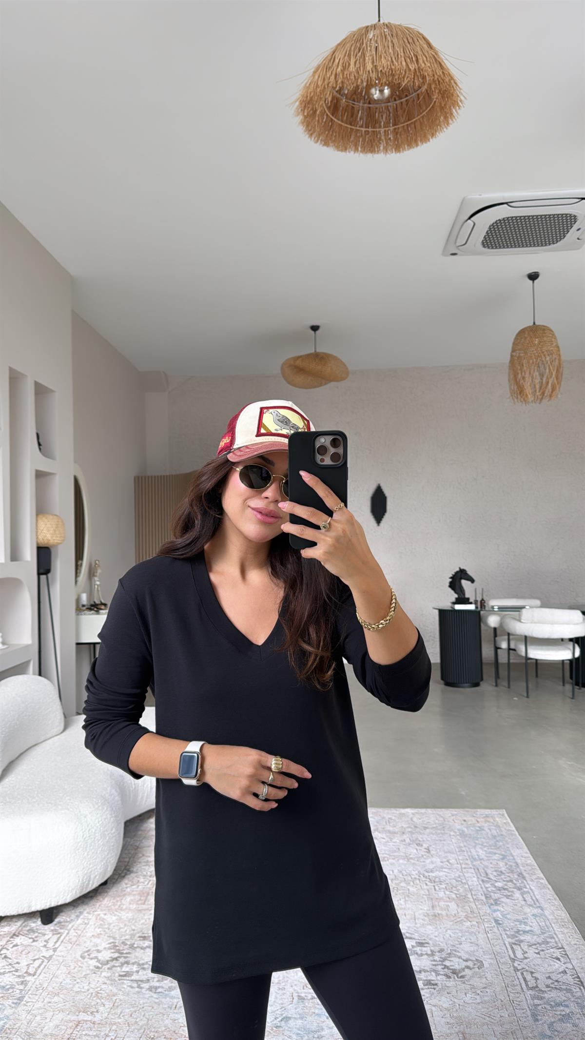 Siyah V Yaka Uzun Kol Pamuk Basic