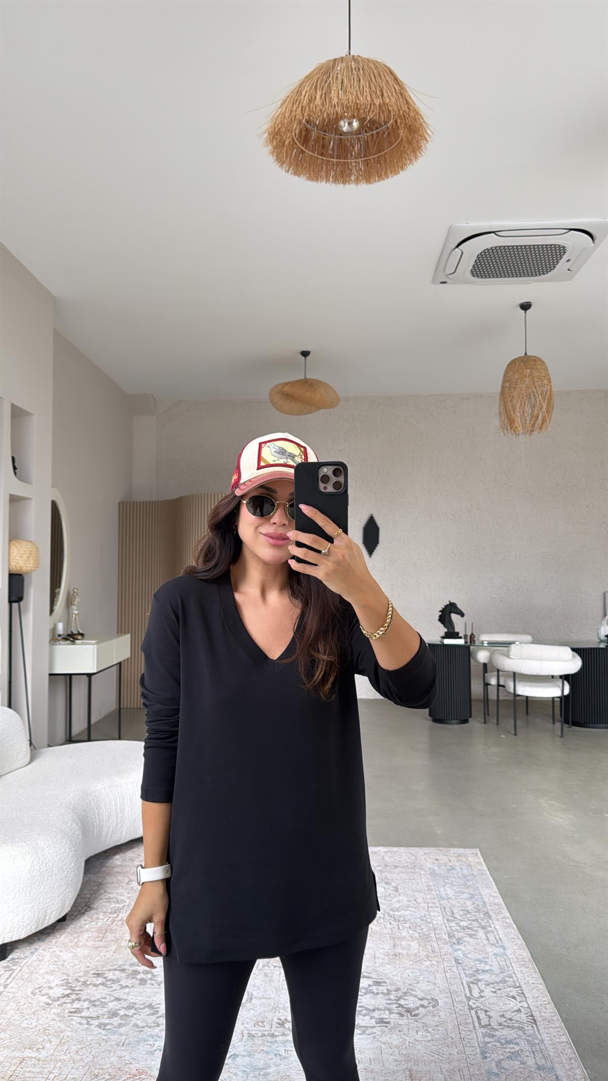 Siyah V Yaka Uzun Kol Pamuk Basic