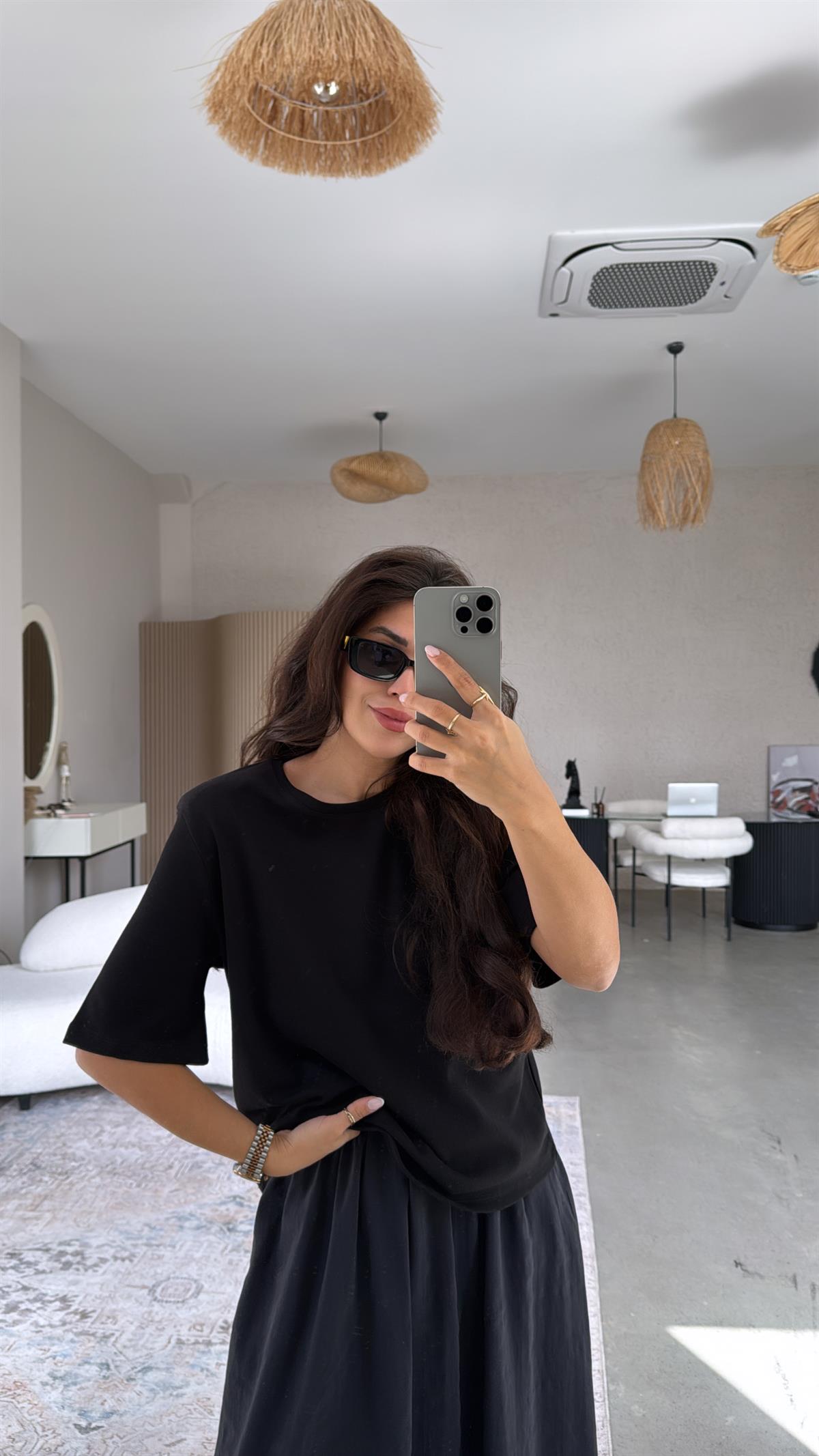 Siyah Vatkalı Pamuk Basic Tshirt