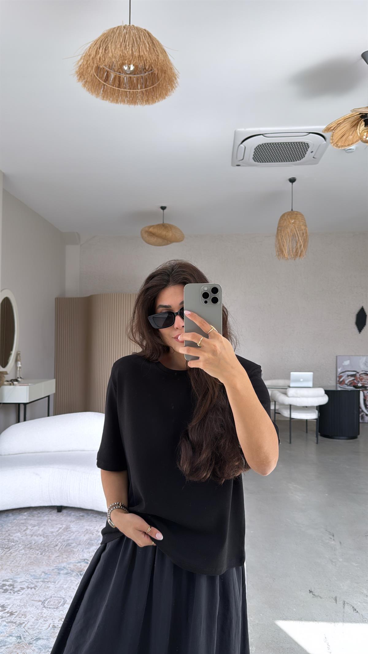 Siyah Vatkalı Pamuk Basic Tshirt